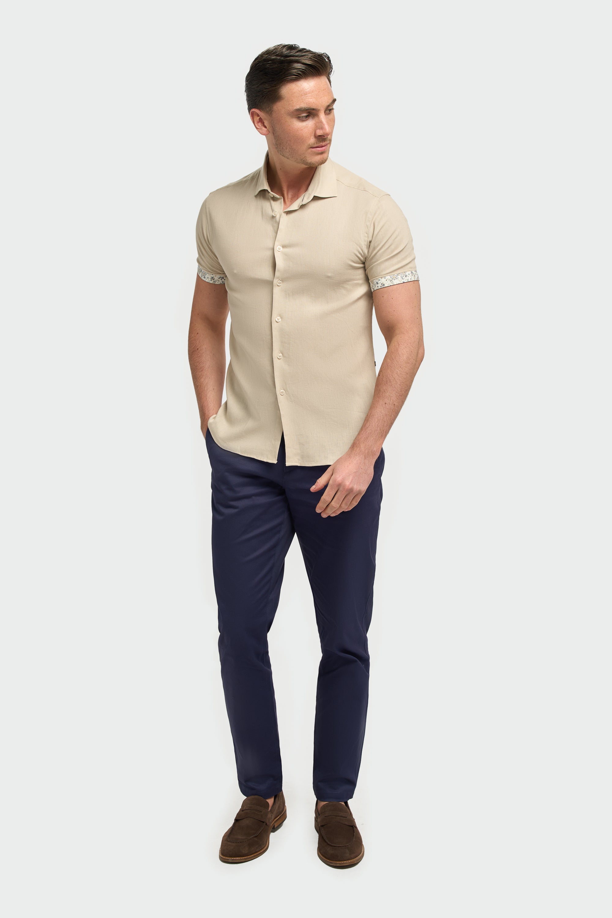 Men’s Linen Blend Short Sleeve Shirt with Cuff Trim - Matera - Taupe Model Front Picture