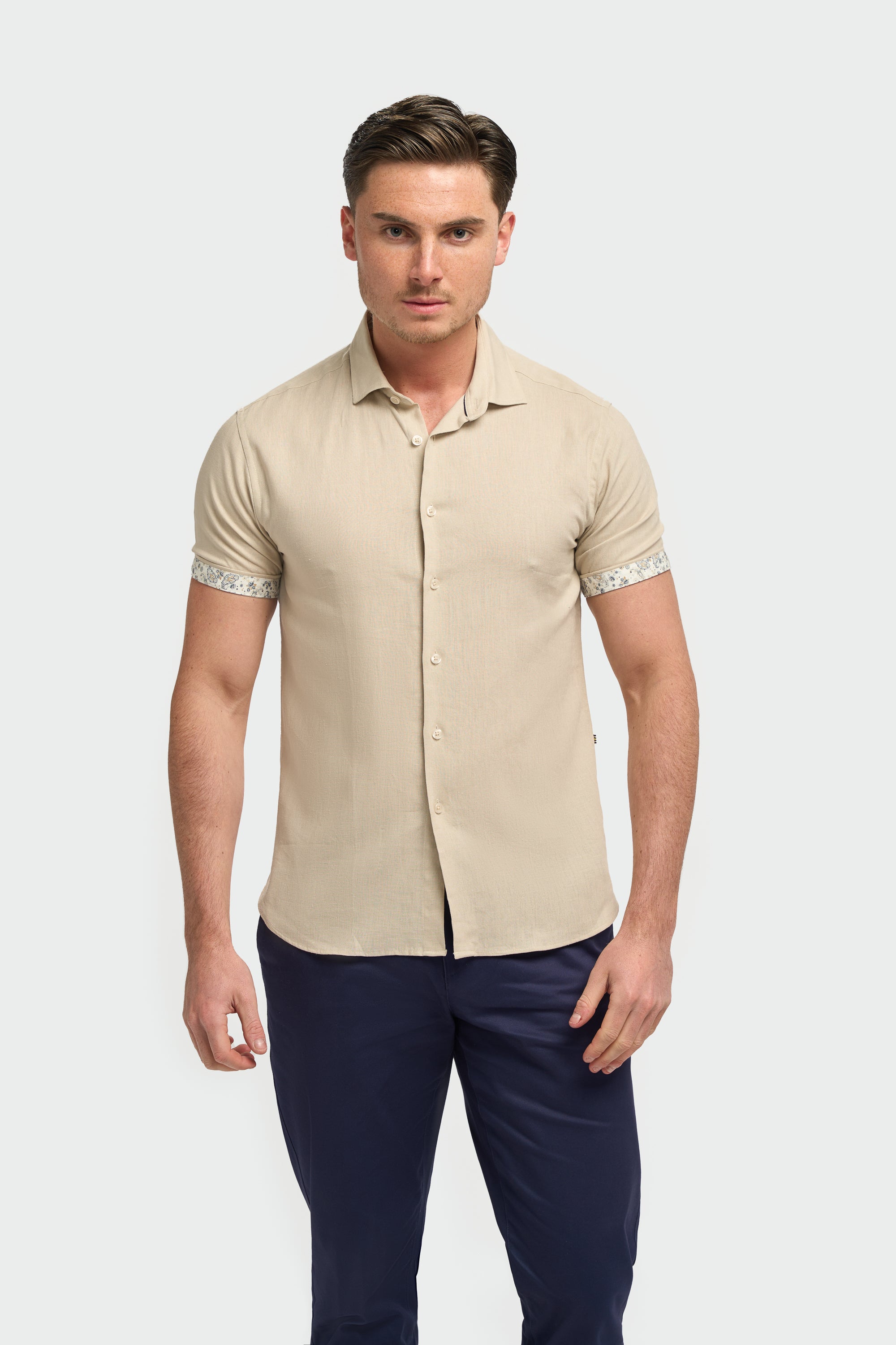 Men’s Linen Blend Short Sleeve Shirt with Cuff Trim - Matera - Taupe Model Picture