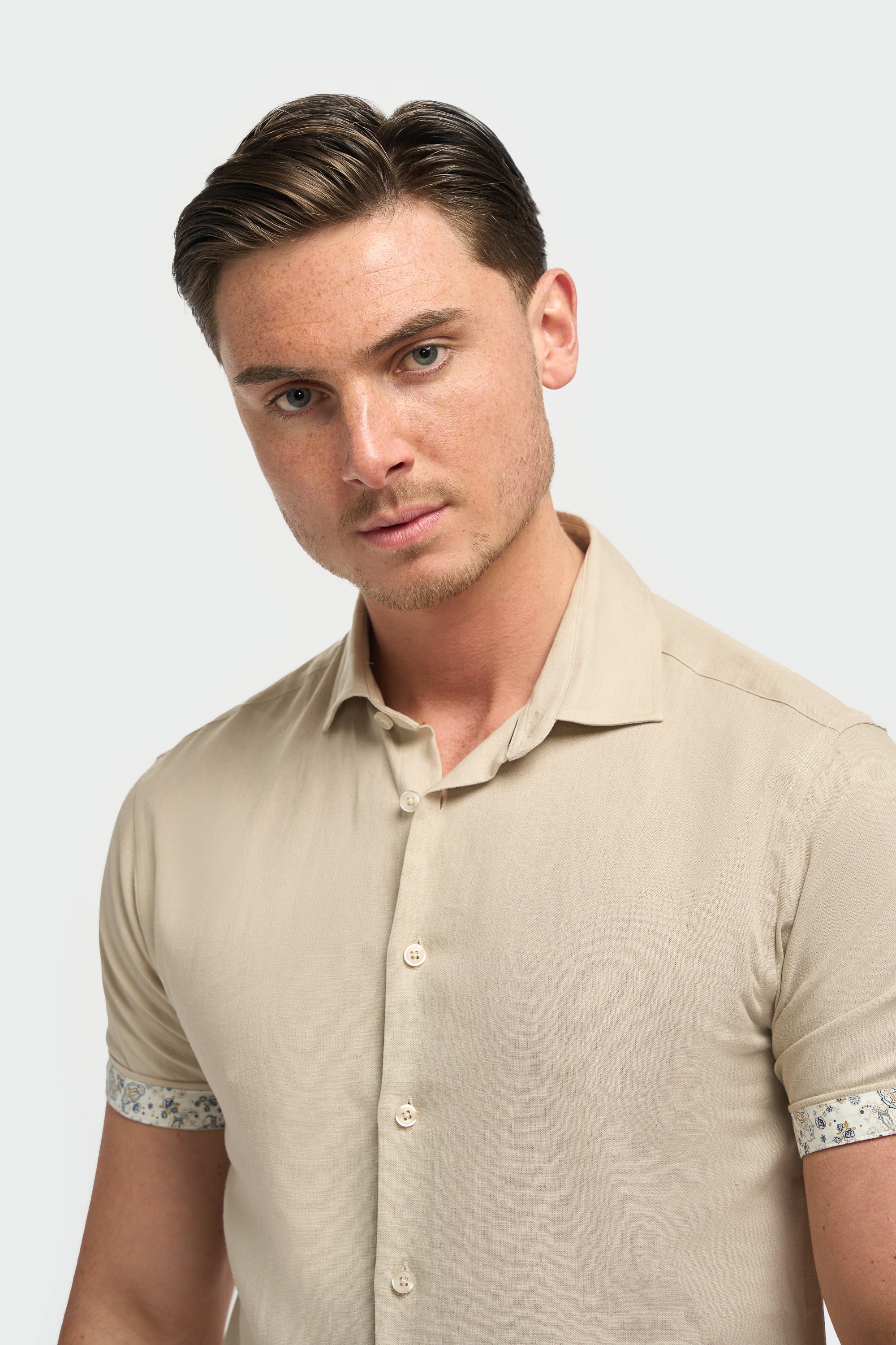Men’s Linen Blend Short Sleeve Shirt with Cuff Trim - Matera - Taupe