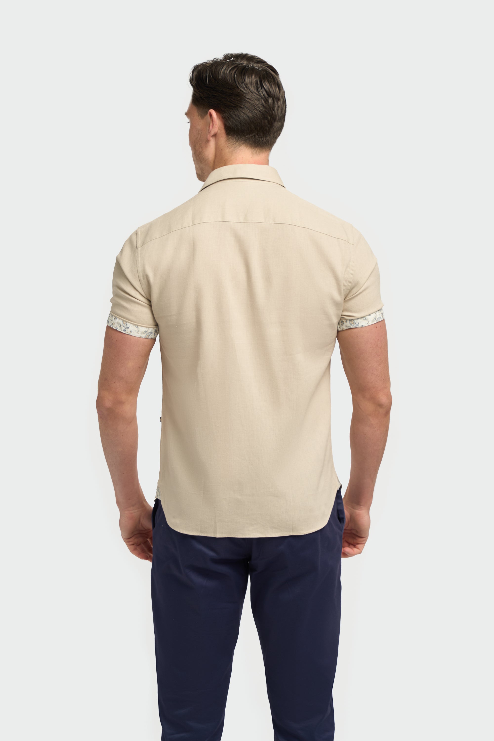 Men’s Linen Blend Short Sleeve Shirt with Cuff Trim - Matera - Taupe Back Picture
