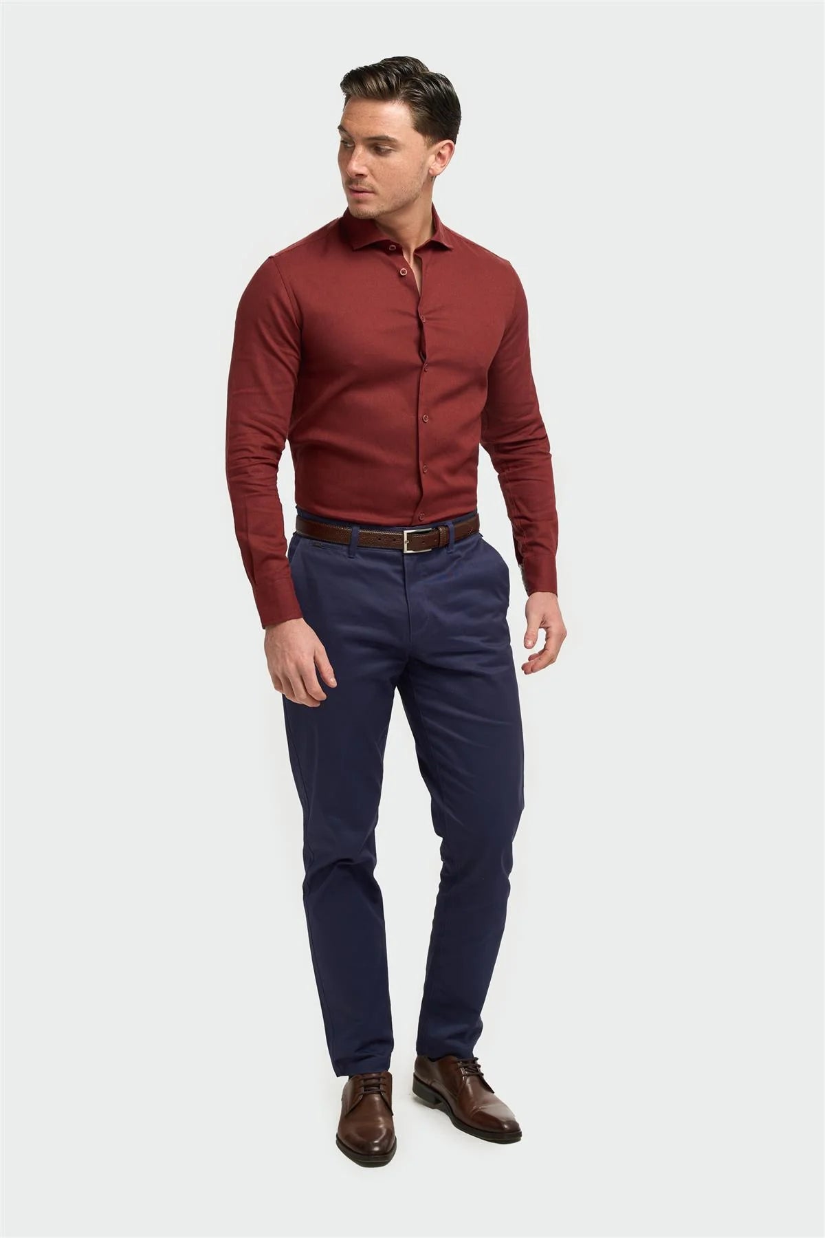 Men’s Linen Blend Slim Fit Button Up Shirt - Matera - Rust Model Front Picture