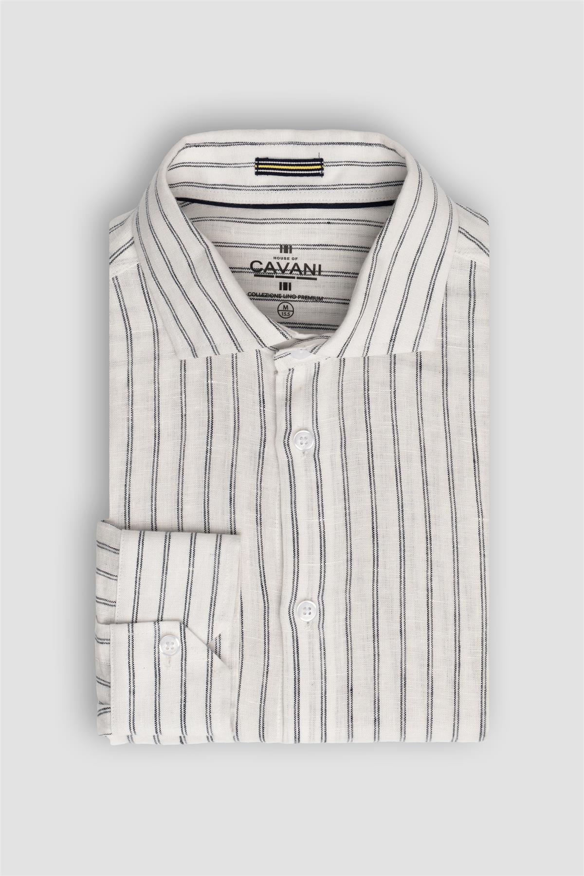 Camicia da uomo a righe in lino a manica lunga - Alberi - Bianco