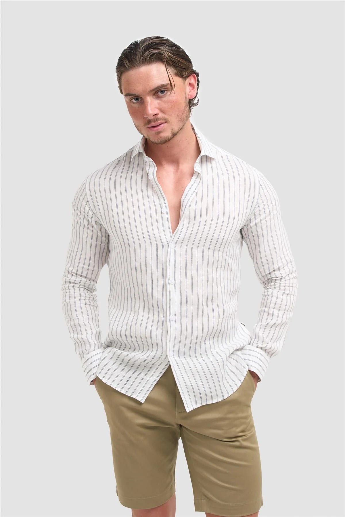 Camicia da uomo a righe in lino a manica lunga - Alberi - Bianco