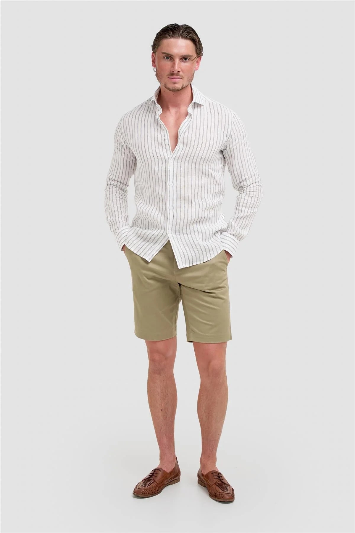 Camicia da uomo a righe in lino a manica lunga - Alberi - Bianco