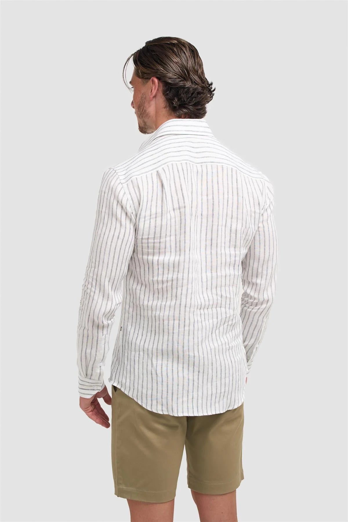 Camicia da uomo a righe in lino a manica lunga - Alberi - Bianco