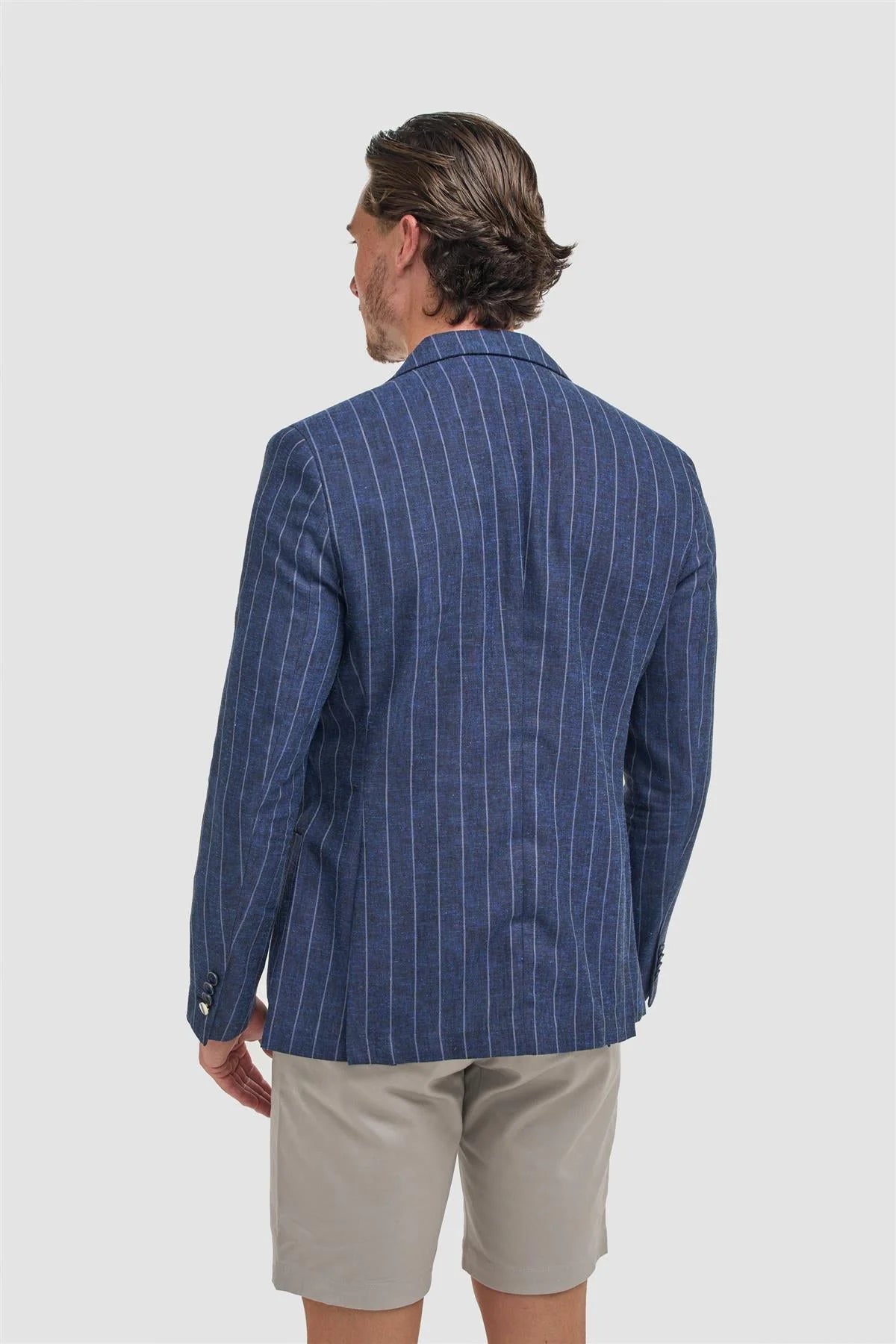 Blazer rayé en lin pour homme avec poches plaquées - Piero - Bleu marine