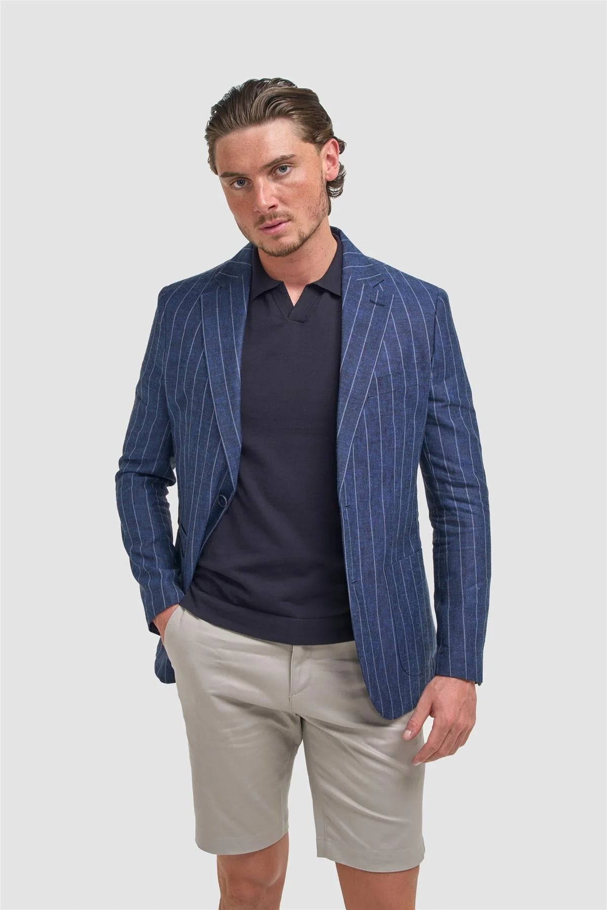 Herren Leinen Nadelstreifen Blazer mit aufgesetzten Taschen - Piero - Navy Blau