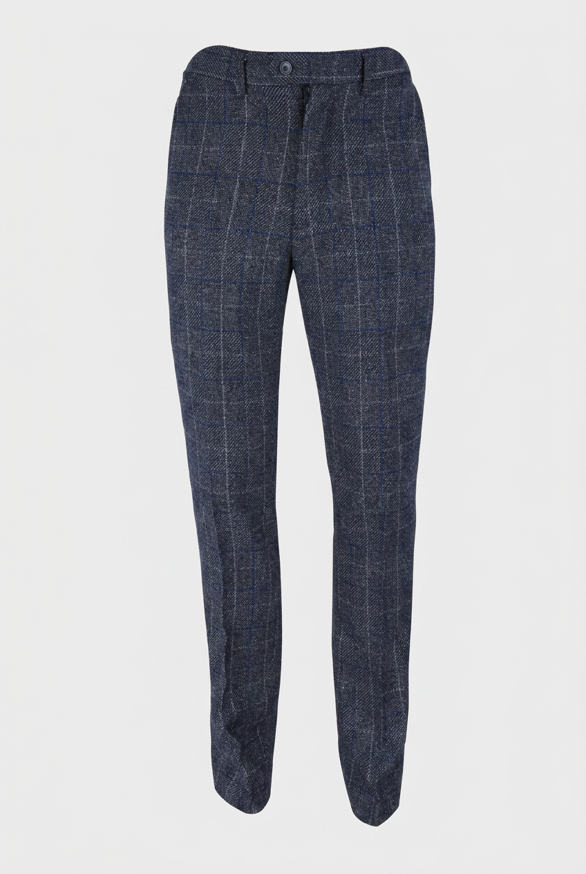 Herren Slim Fit Hose aus marineblauem Karo-Tweed