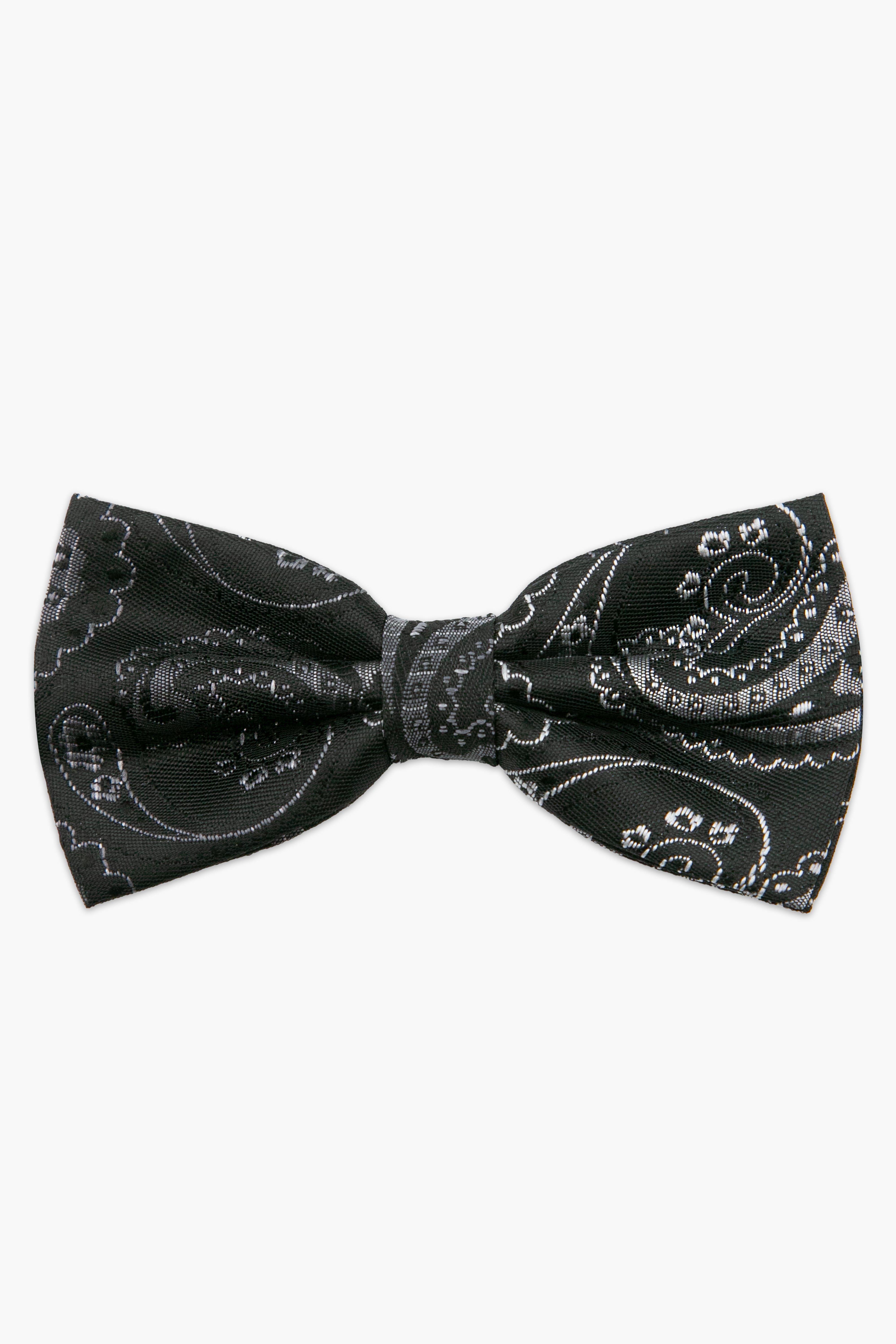 Men's Paisley Pre-Tied Dickie Bow Tie - Black and Silver Front Picture