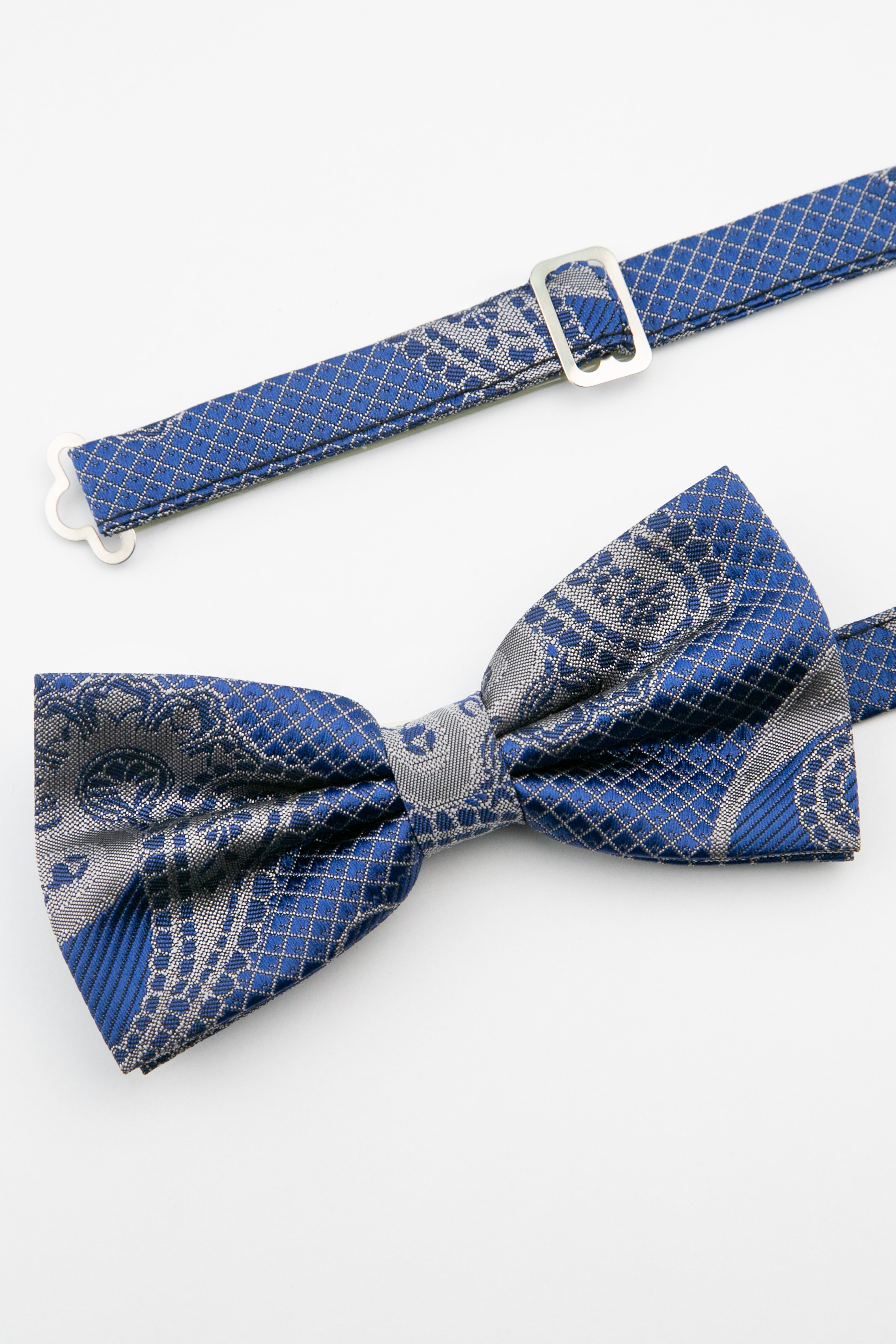 Men's Paisley Pre-Tied Dickie Bow Tie - Blue and Silver Detail Picture
