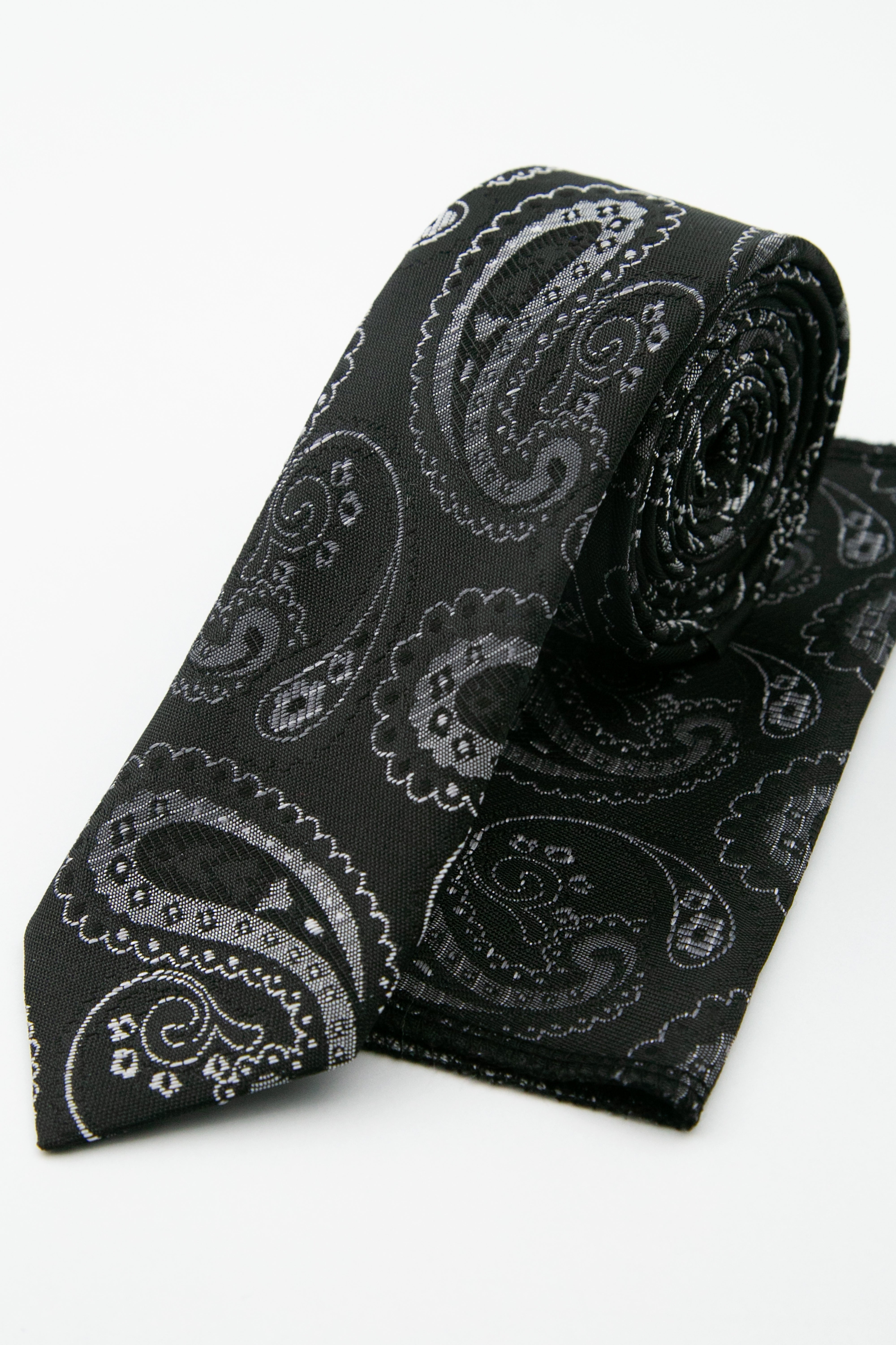 Herren Paisley Slim Krawatte & Einstecktuch Set - Schwarz und Silber