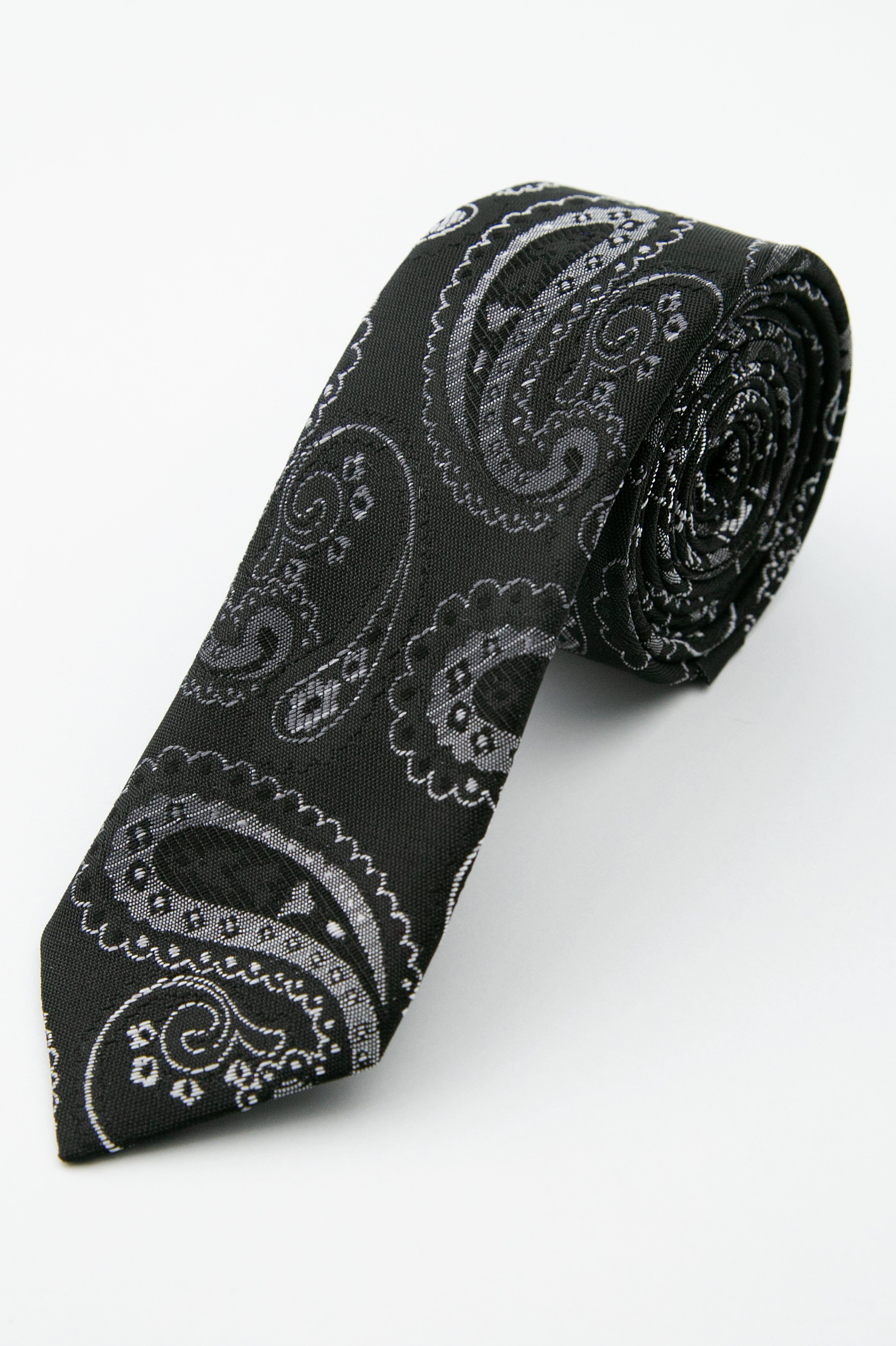 Herren Paisley Slim Krawatte & Einstecktuch Set - Schwarz und Silber