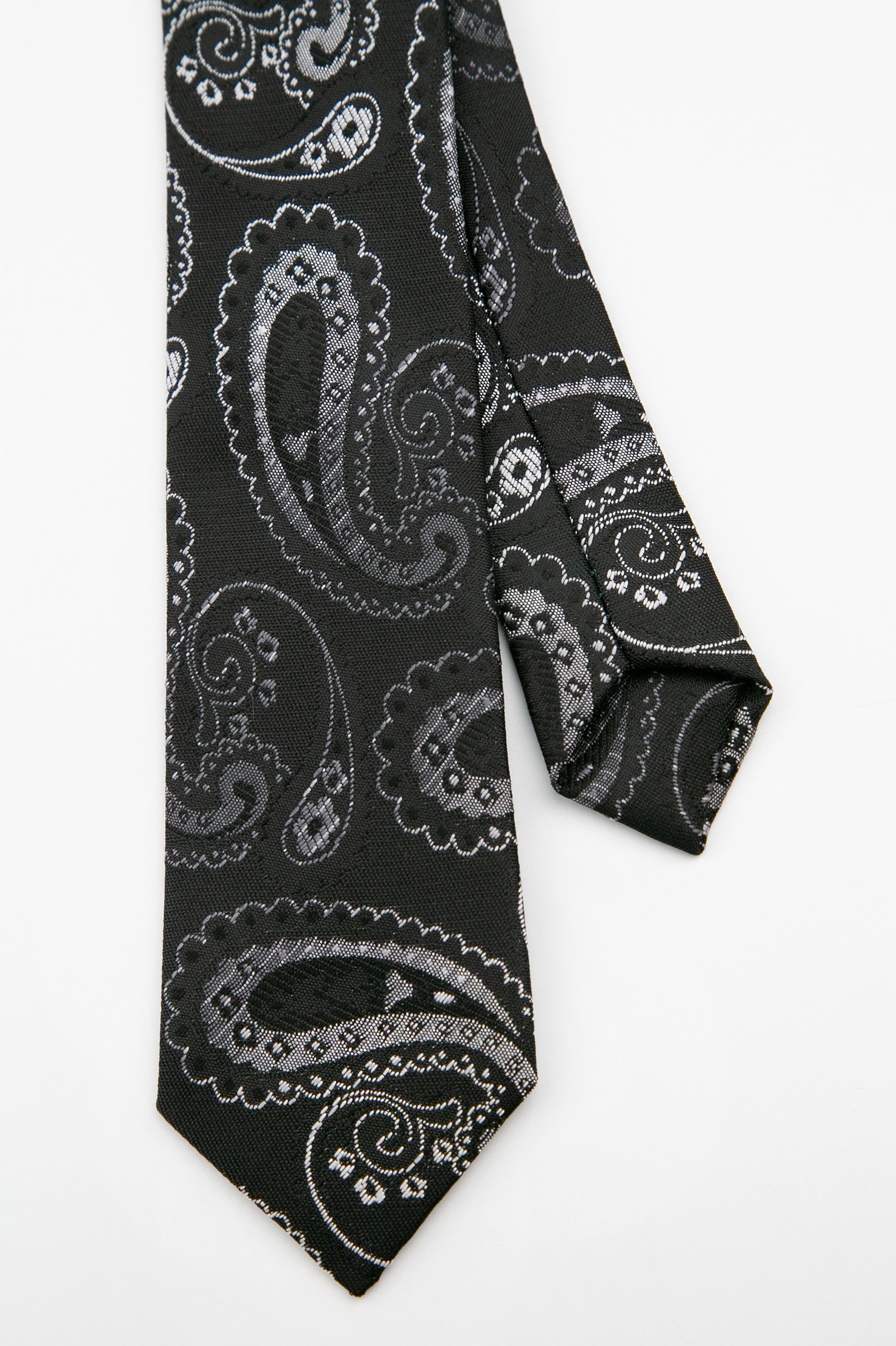 Herren Paisley Slim Krawatte & Einstecktuch Set - Schwarz und Silber