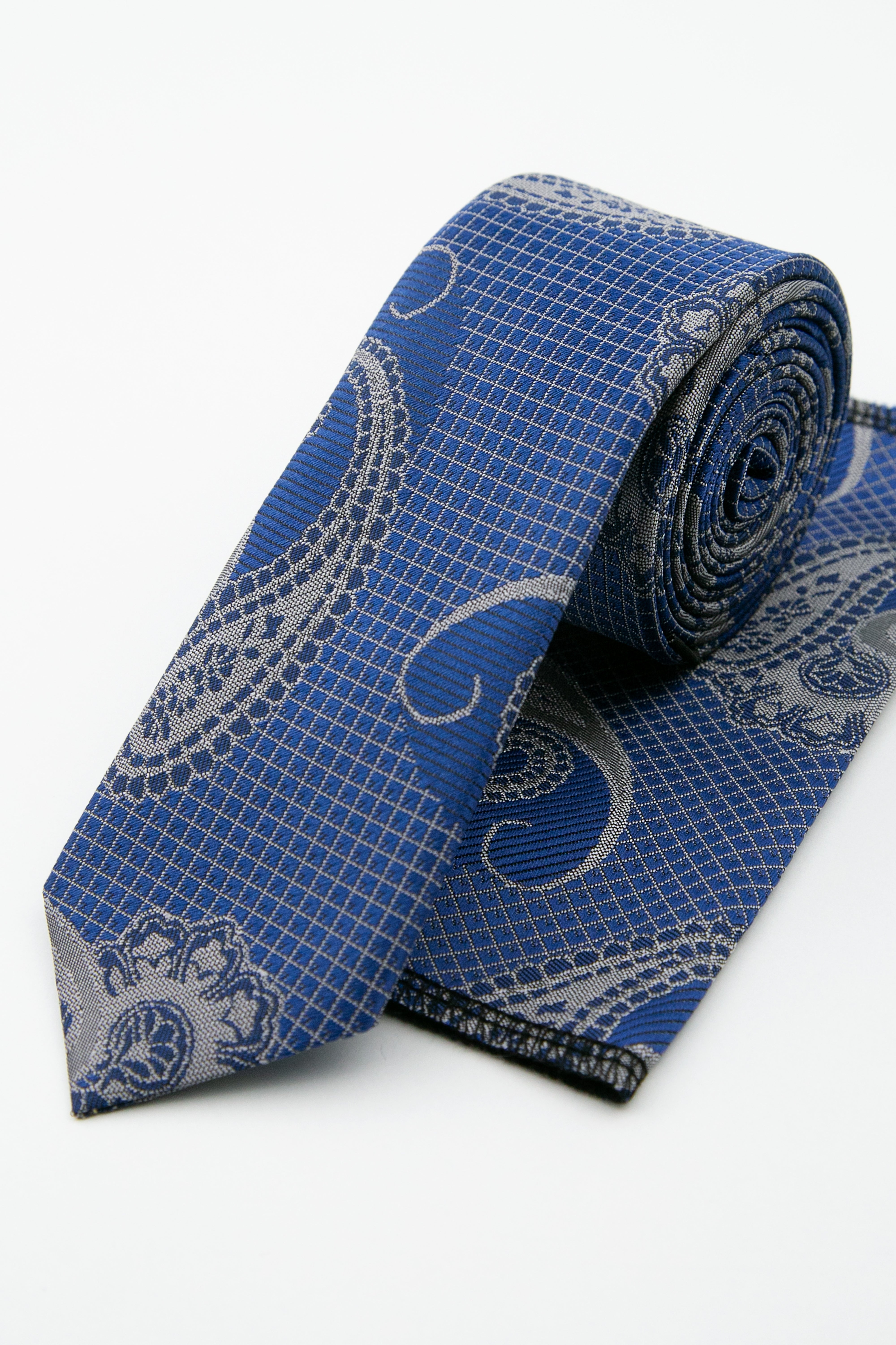Men’s Paisley Slim Tie & Pocket Square Set - Midnight Blue Set Picture