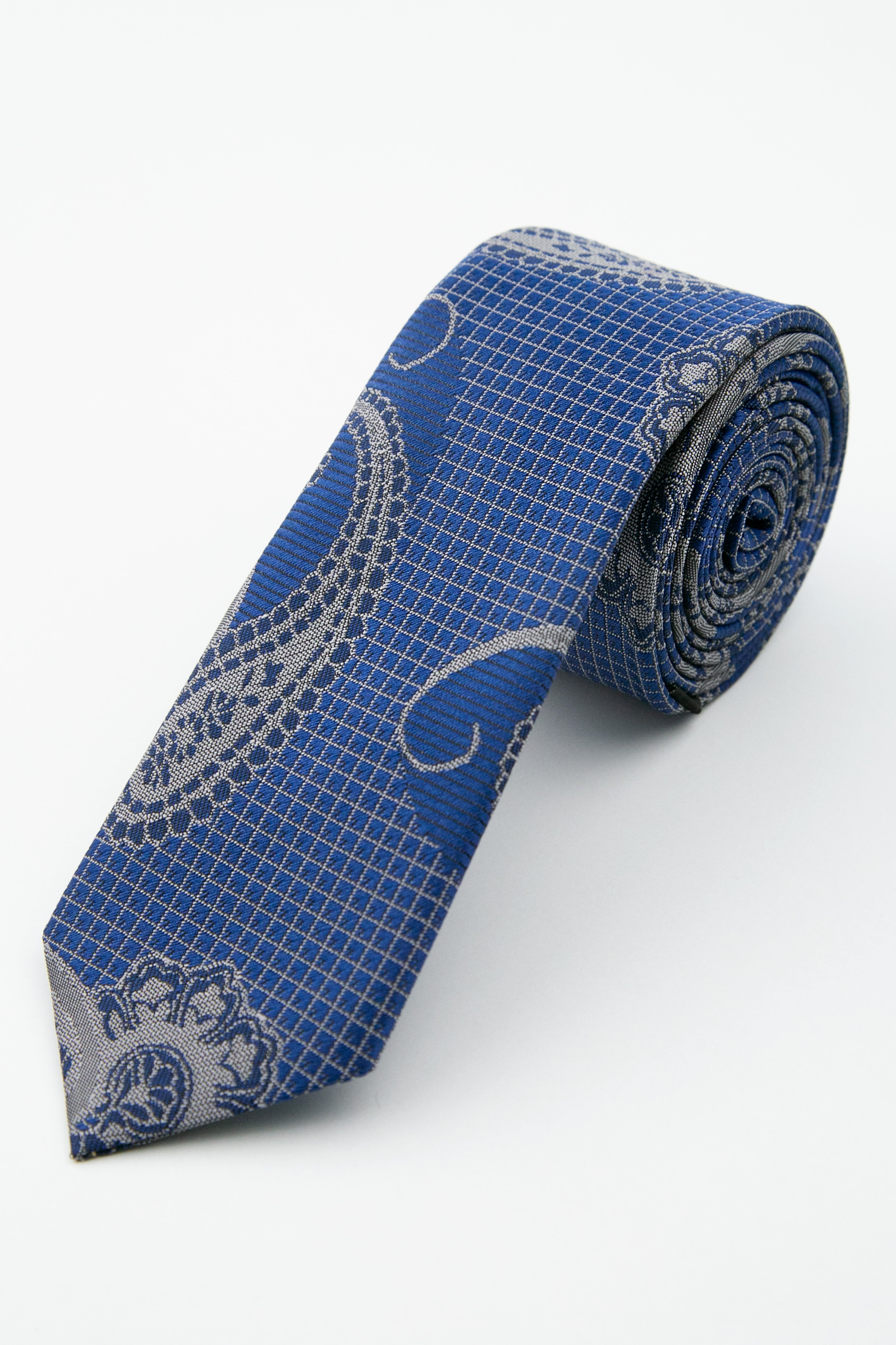 Men’s Paisley Slim Tie & Pocket Square Set - Midnight Blue Tie Picture