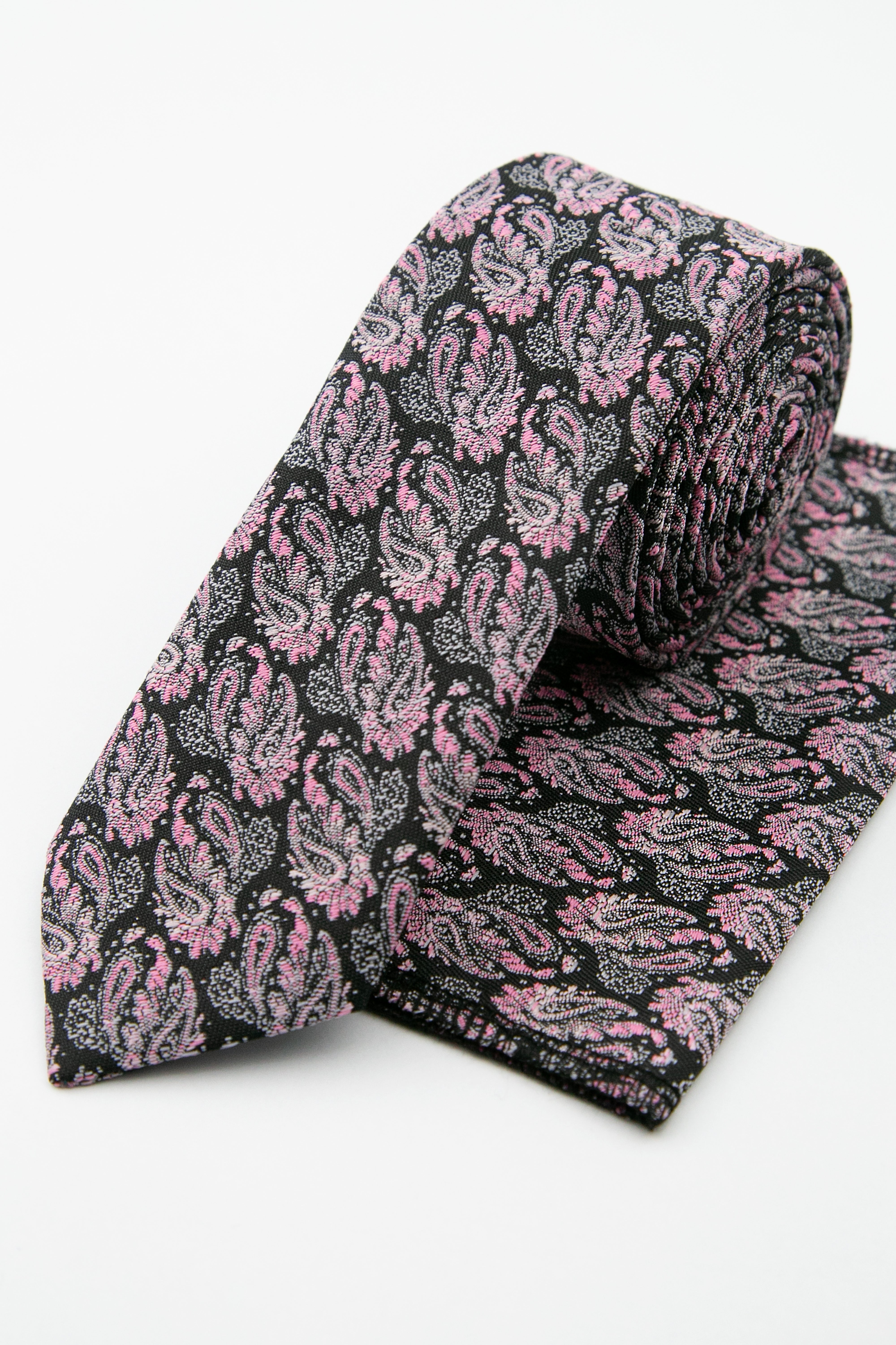 Men’s Paisley Slim Tie & Pocket Square Set - Pink and Black
