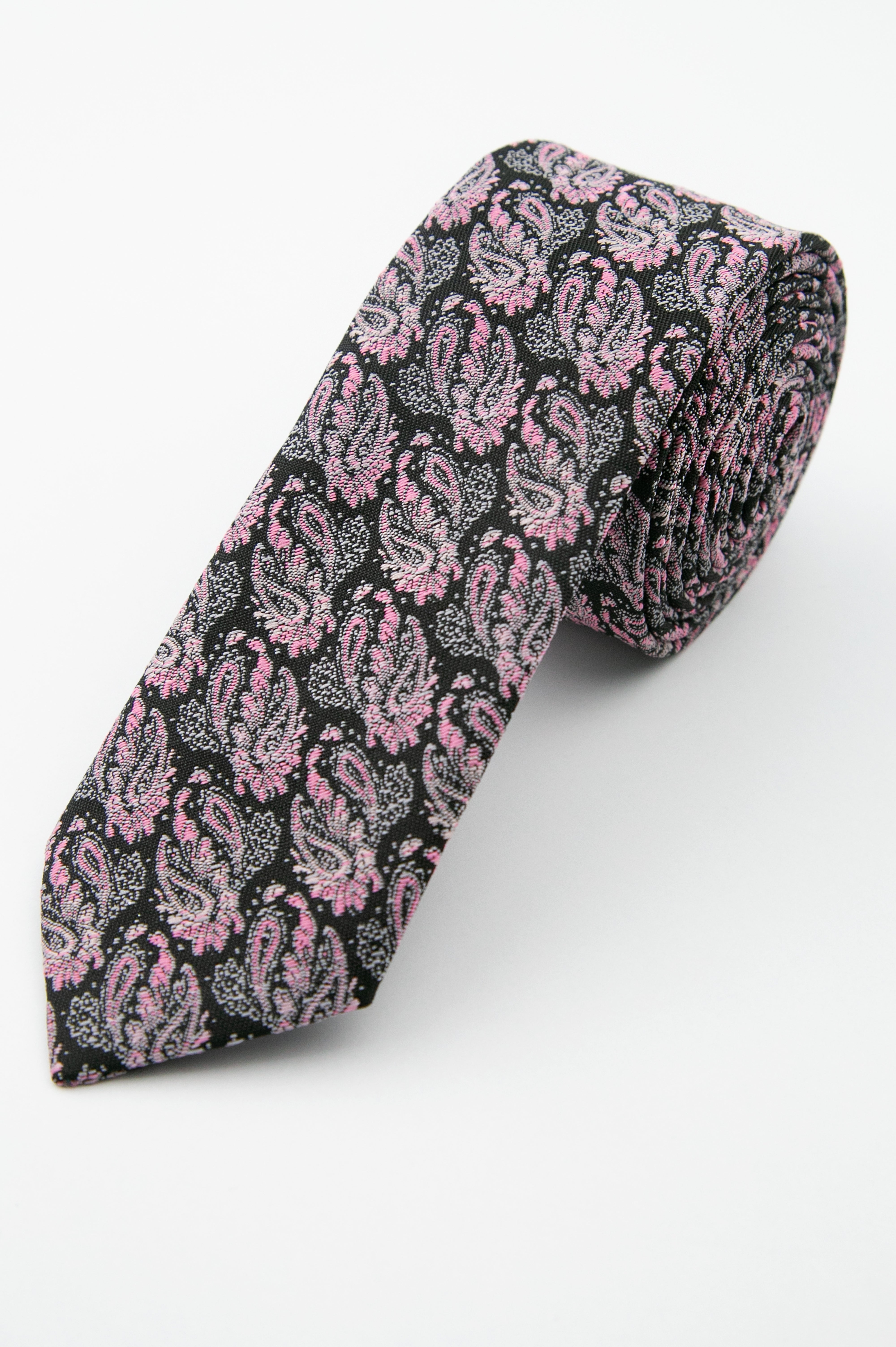Men’s Paisley Slim Tie & Pocket Square Set - Pink and Black