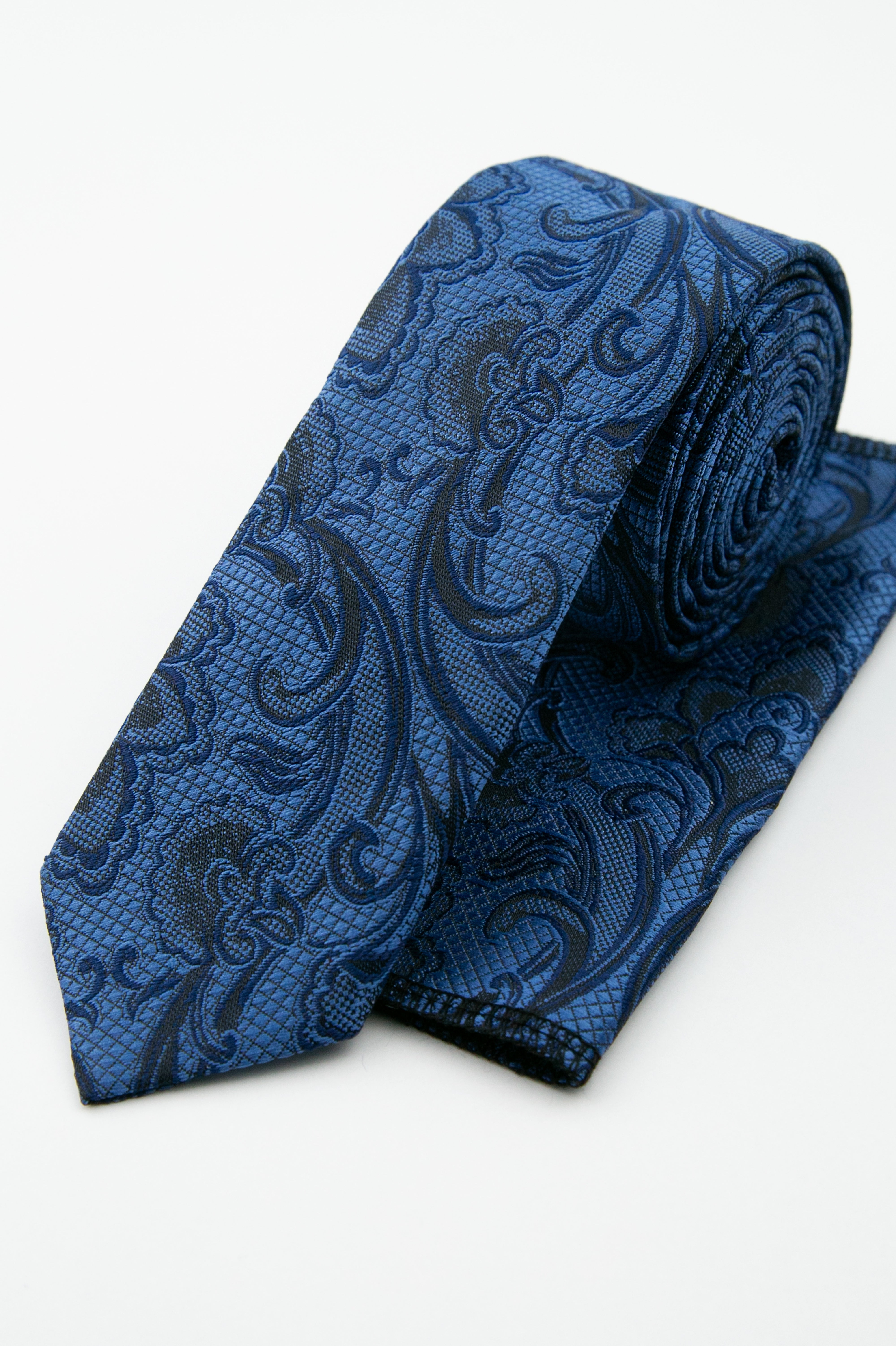 Men’s Paisley Slim Tie & Pocket Square Set - Royal Blue Set Picture
