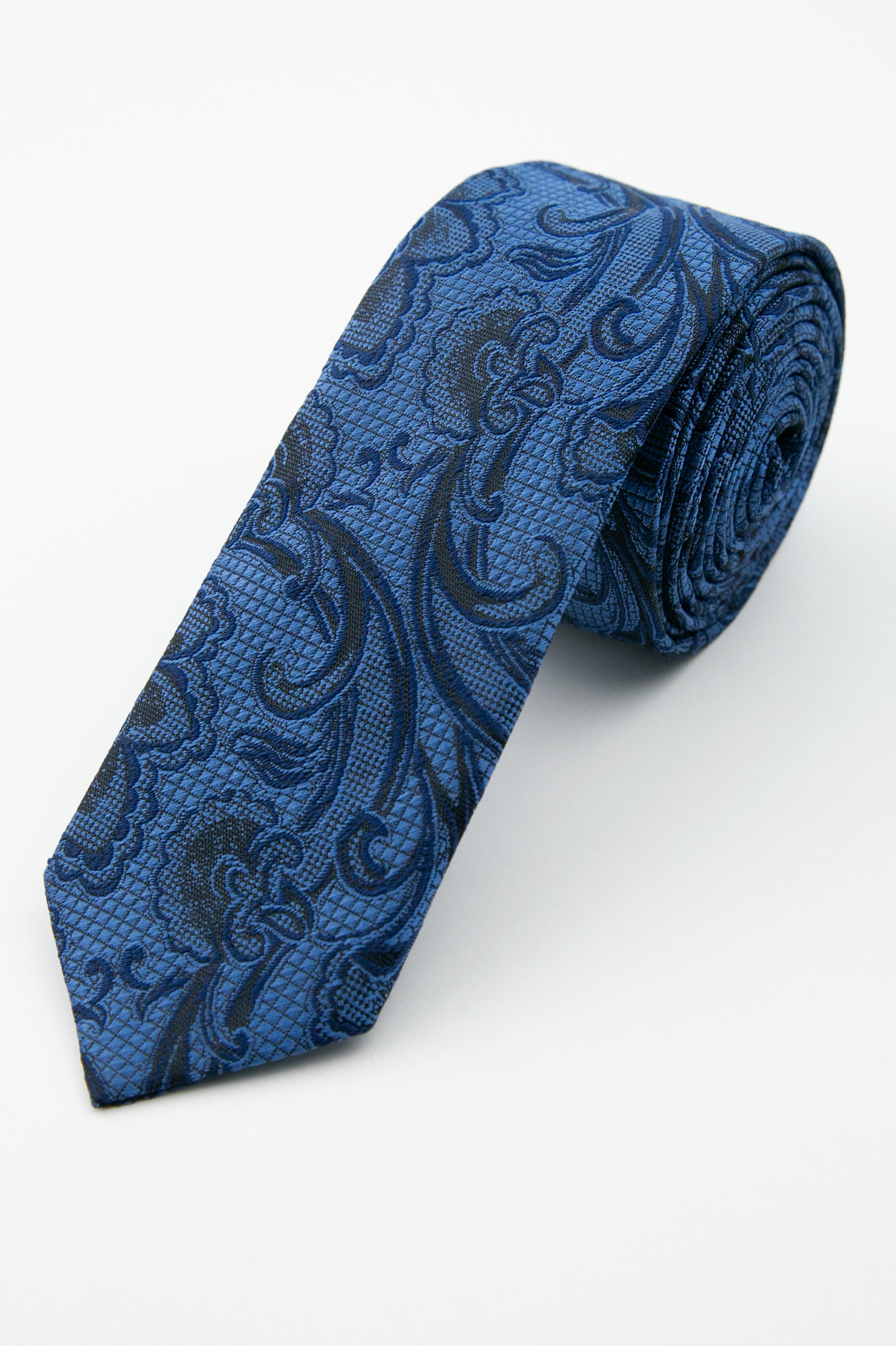 Men’s Paisley Slim Tie & Pocket Square Set - Royal Blue Tie Picture