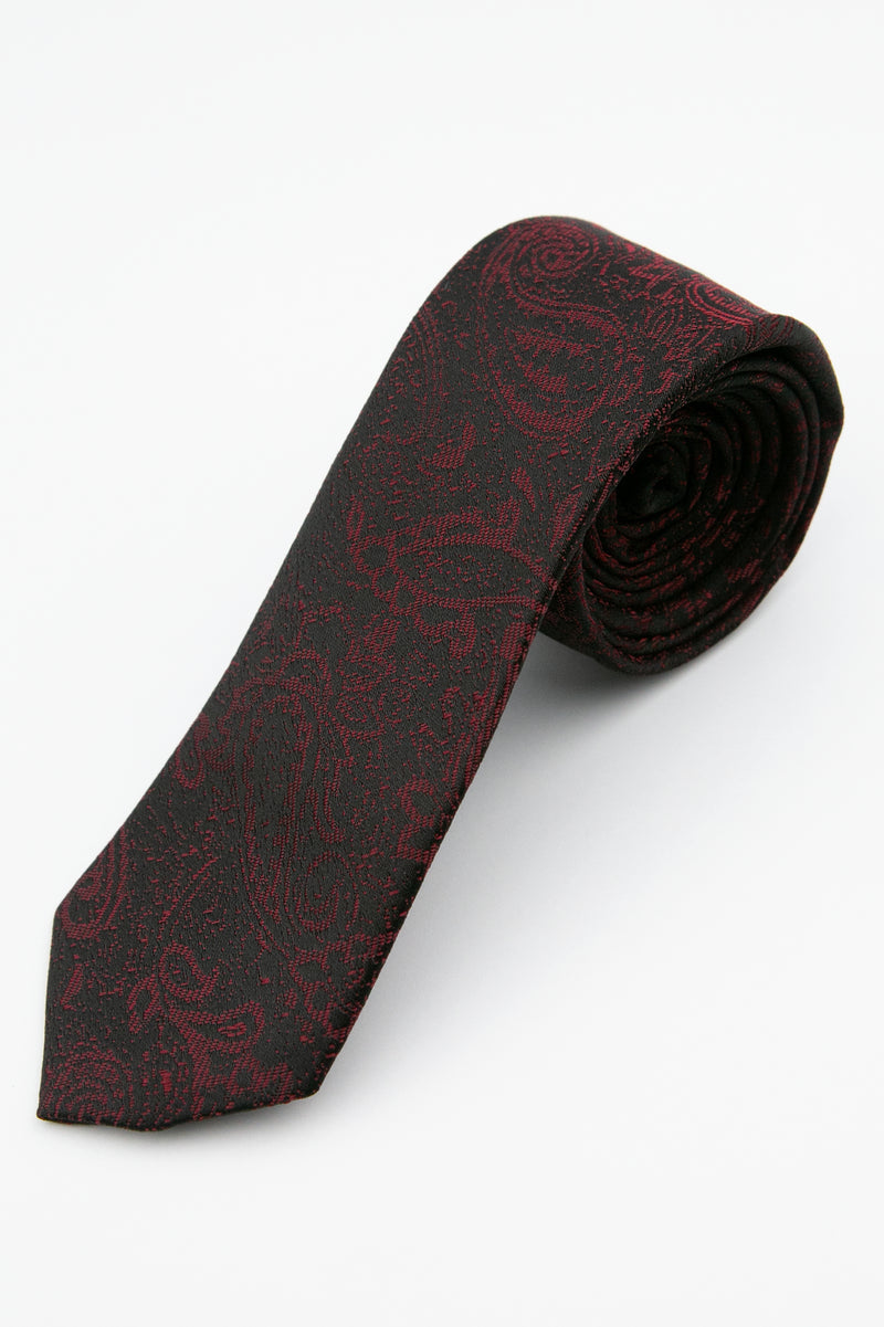 Men’s Paisley Slim Tie & Pocket Square Set in Burgundy Tie Picture