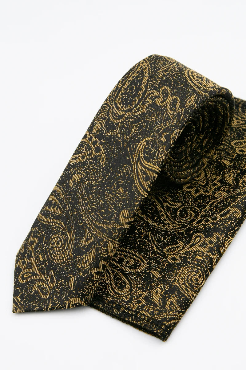 Men’s Paisley Slim Tie & Pocket Square Set in Gold Set Picture