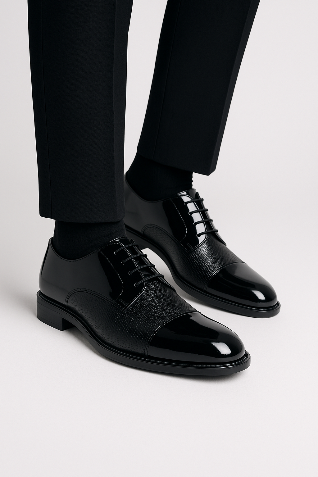 Men’s Patent Cap Toe Derby Dress Shoes - GROSVENOR - Black Model Picture