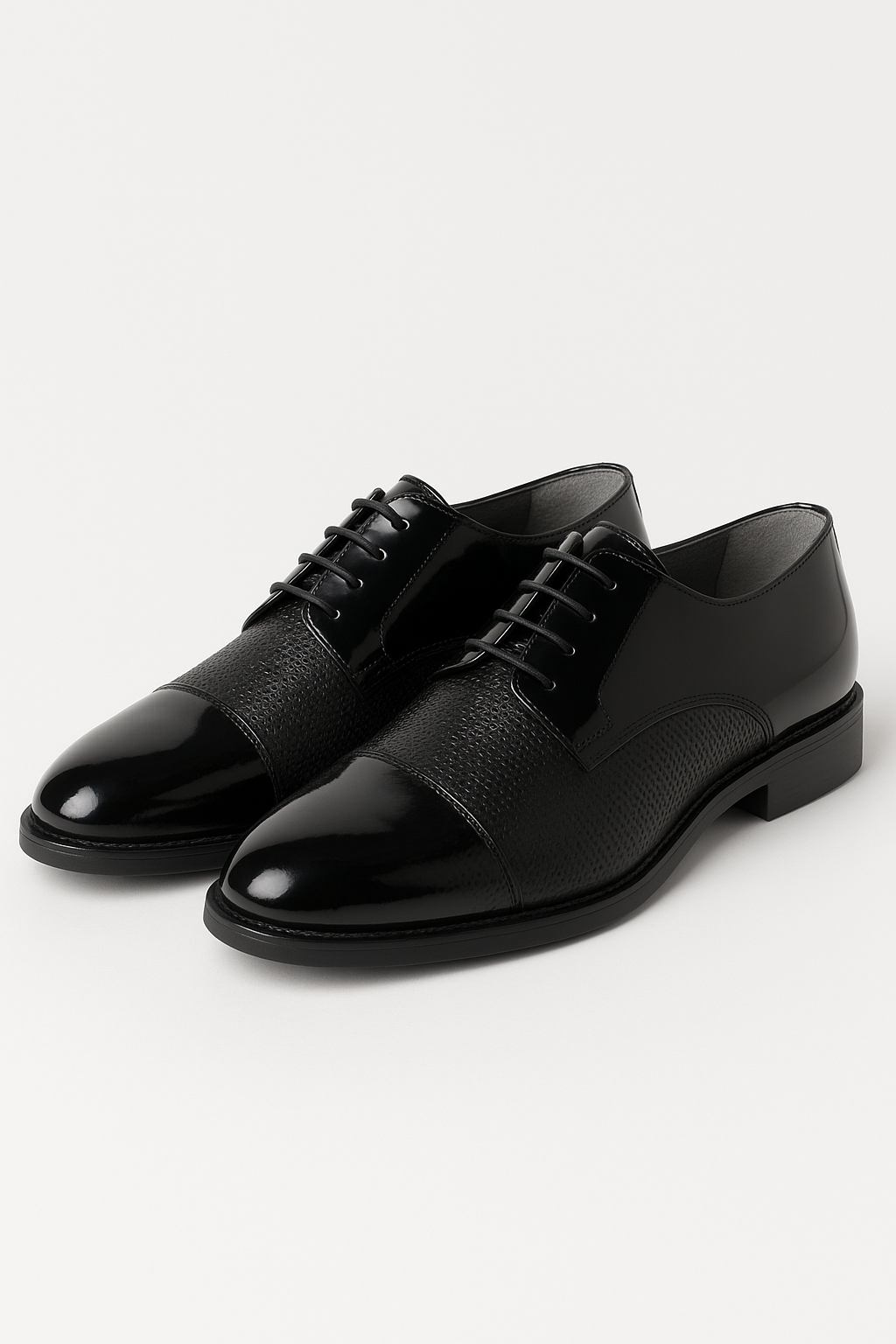 Men’s Patent Cap Toe Derby Dress Shoes - GROSVENOR - Black Pair Side Picture