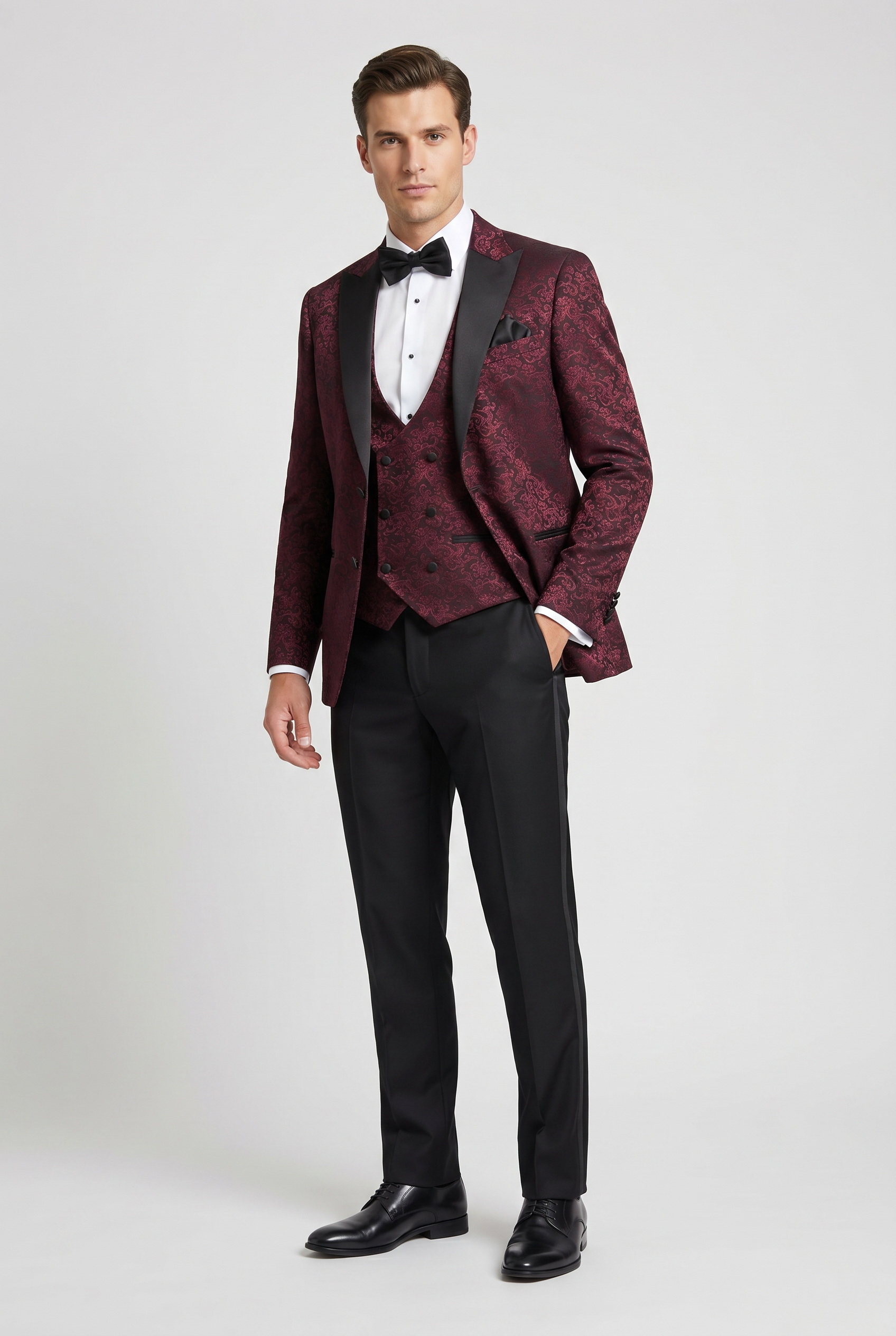 Men's Patterned Shimmer Tuxedo Suit - AARON - Burgundy