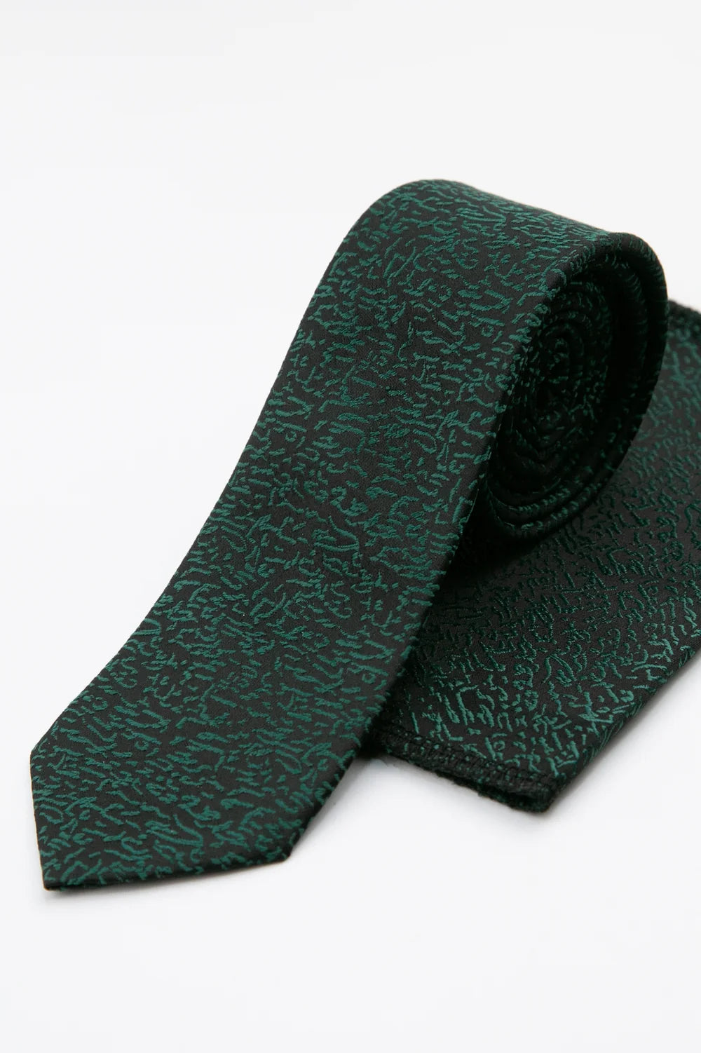 Set de corbata delgada y pañuelo de bolsillo para hombre con textura de guijarro en Verde