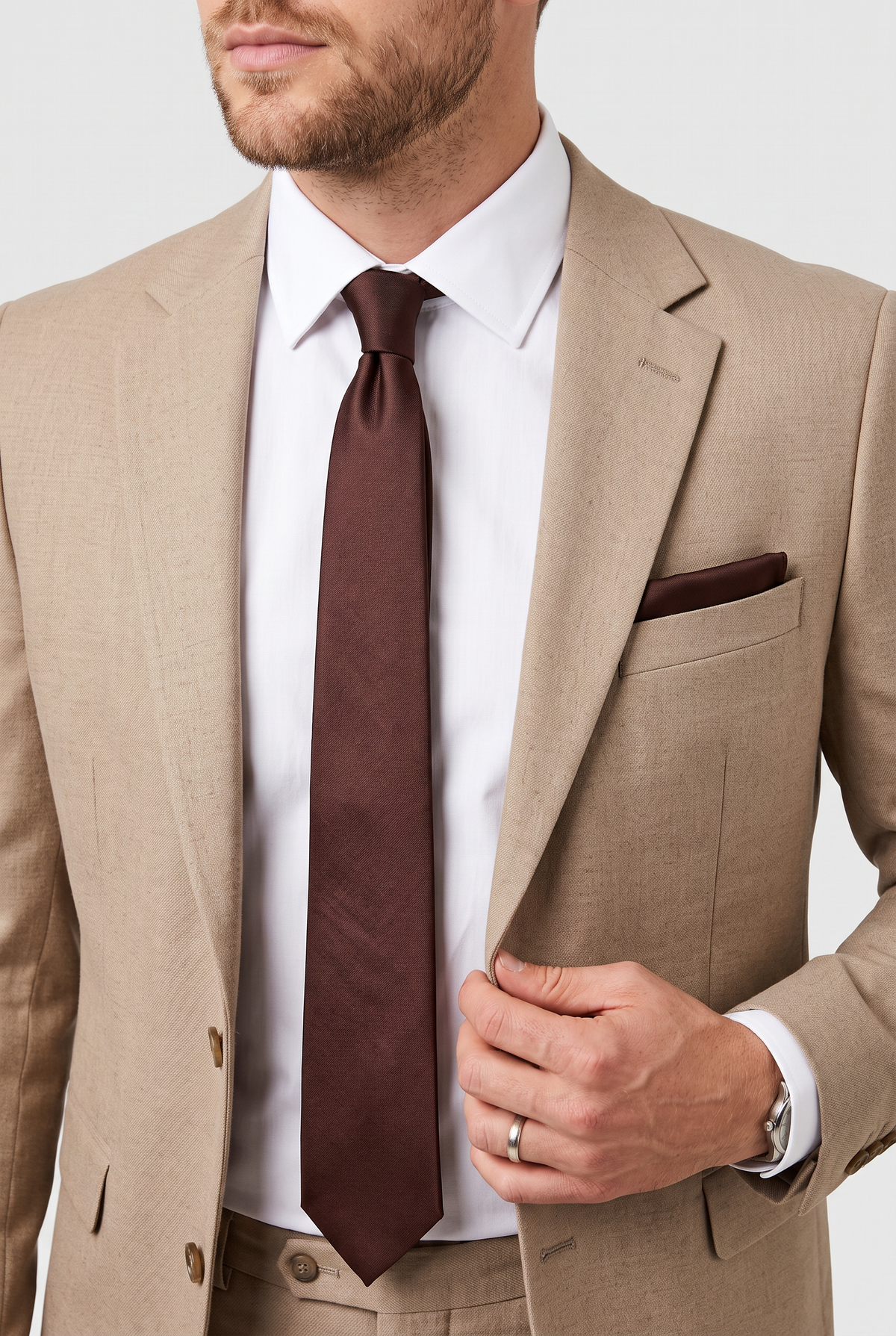 Set de corbata delgada y pañuelo de bolsillo para hombre - Marrón