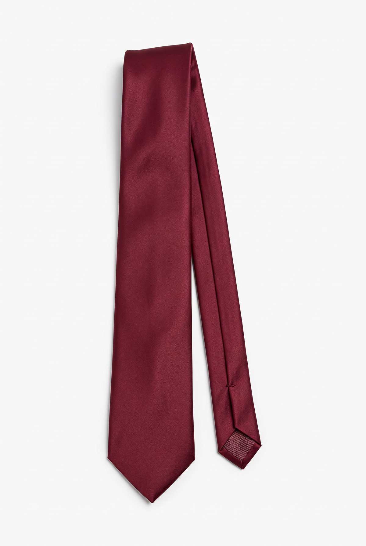 Burgundy satin men's necktie, full-length front view
