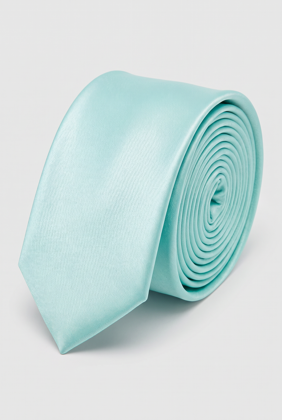 Mint satin men's necktie, rolled close-up view