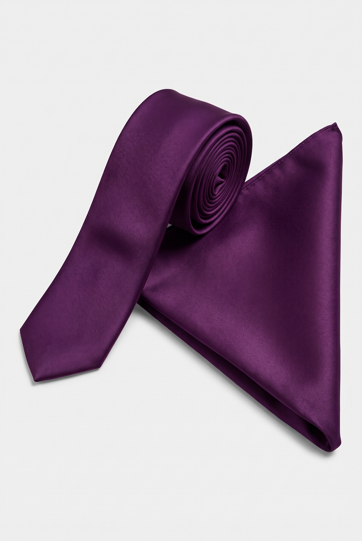 Purple satin tie and matching pocket square set