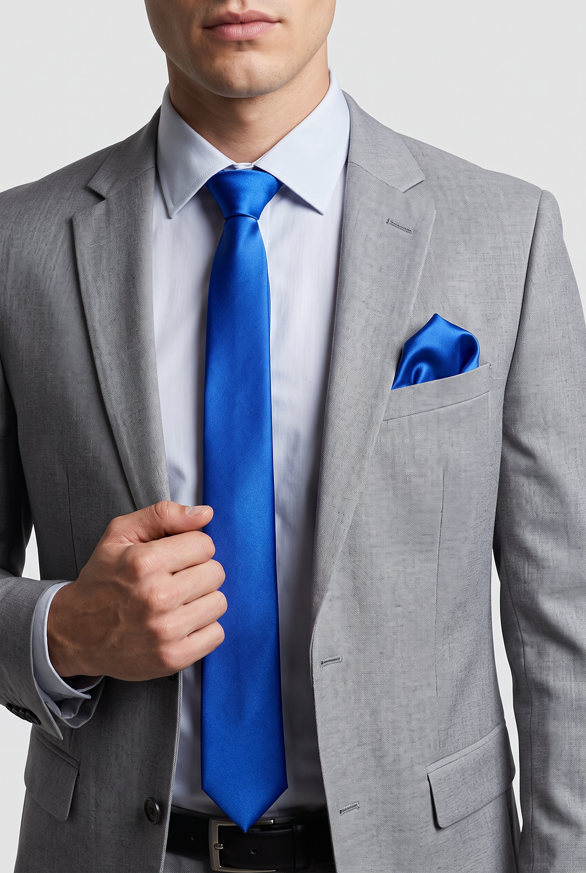 Royal Blue satin tie and pocket square styled with a grey suit