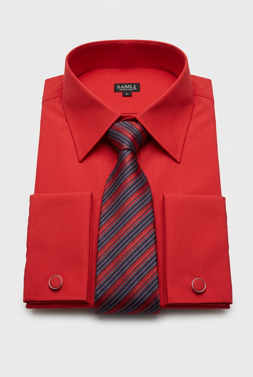 Ensemble chemise formelle Rouge pour homme avec cravate rayée et boutons de manchette