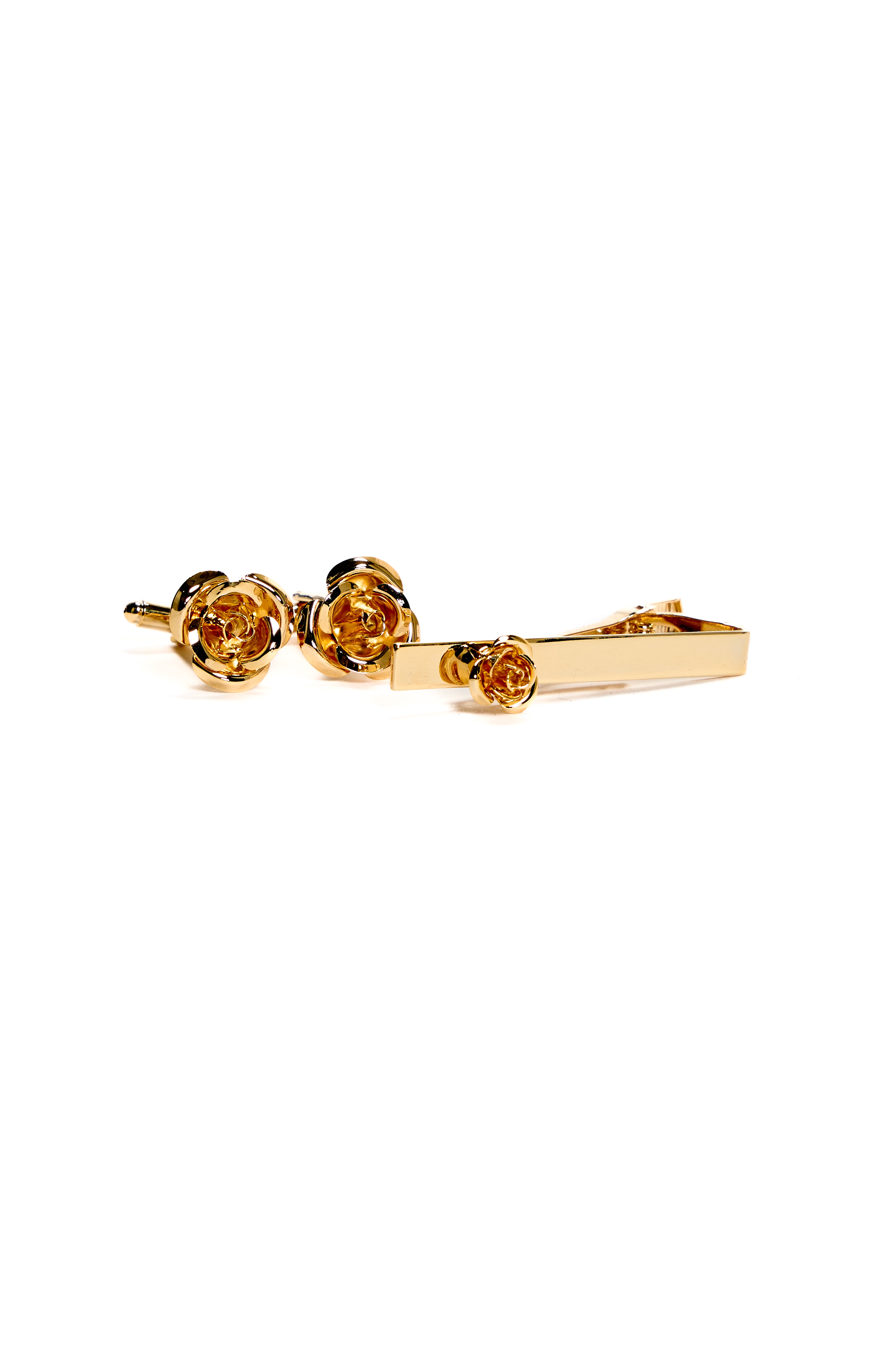 Men's Rose Cufflinks and Tie Clip Set - Gold