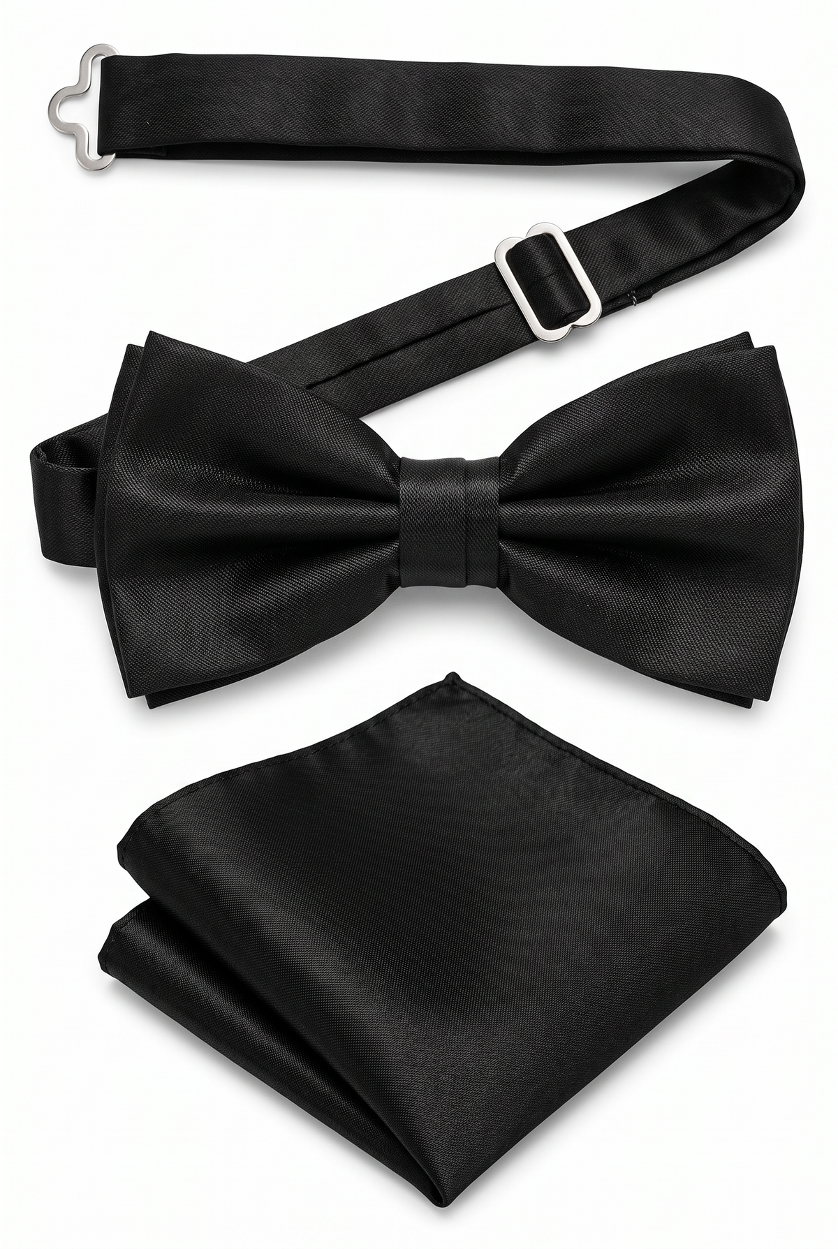 Men’s black satin pre-tied bow tie with adjustable neck strap and matching pocket square