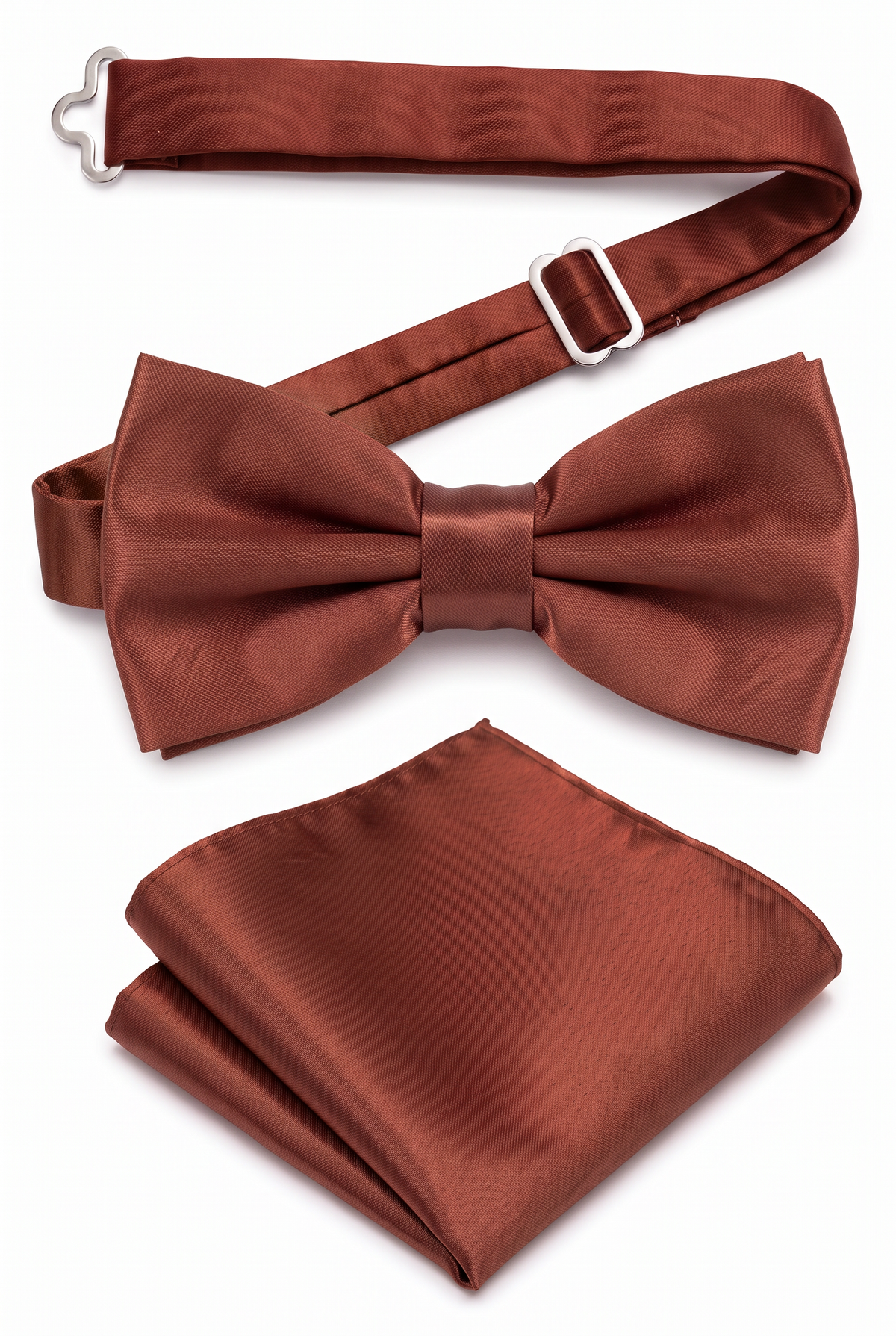 Men’s brown satin pre-tied bow tie with adjustable neck strap and matching pocket square
