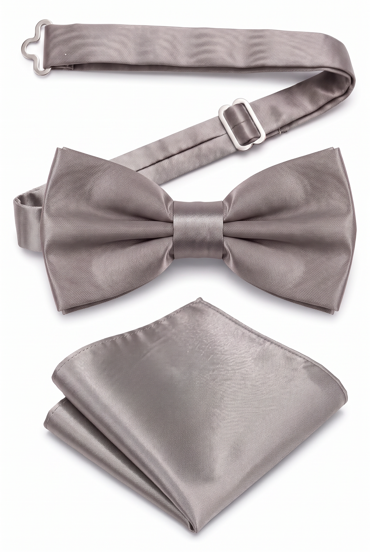 Men’s dark silver satin pre-tied bow tie with adjustable neck strap and matching pocket square