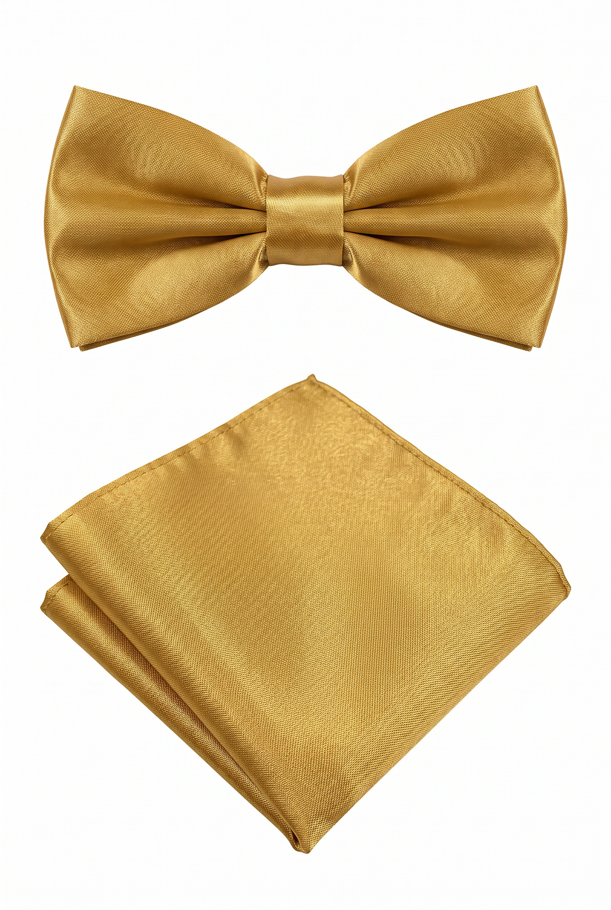 Gold satin men’s bow tie and matching pocket square set for formal wear