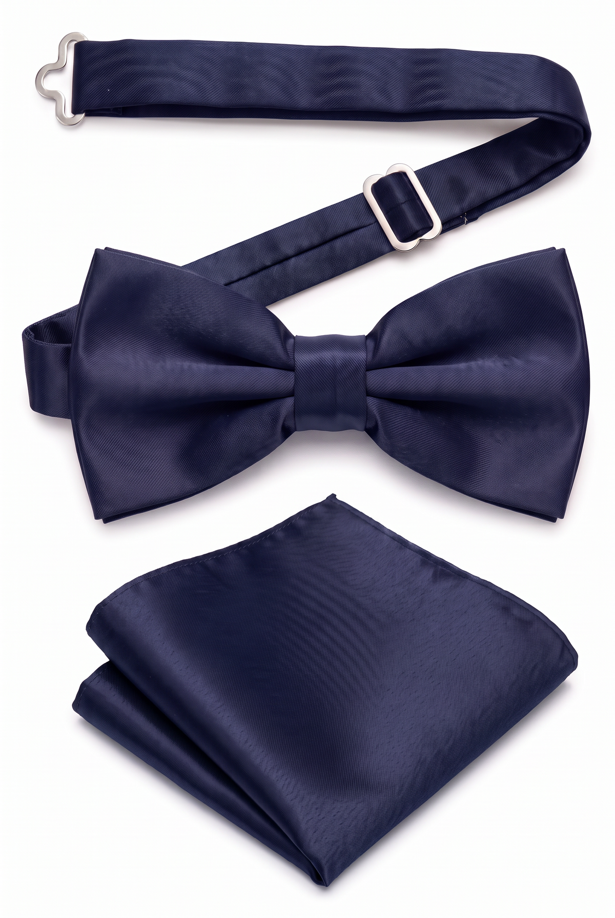 Men’s navy satin pre-tied bow tie with adjustable neck strap and matching pocket square