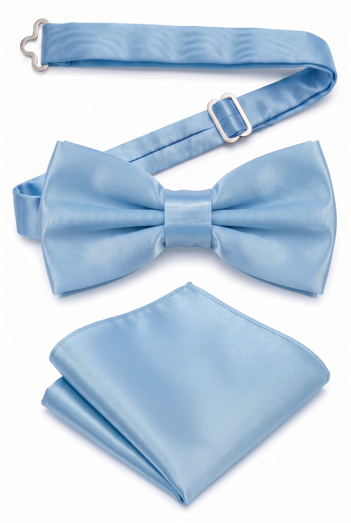 Men’s sky blue satin pre-tied bow tie with adjustable neck strap and matching pocket square