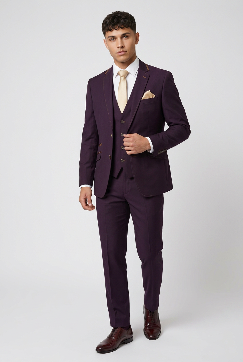 Costume trois pièces prune coupe slim pour homme – Veste, gilet et pantalon