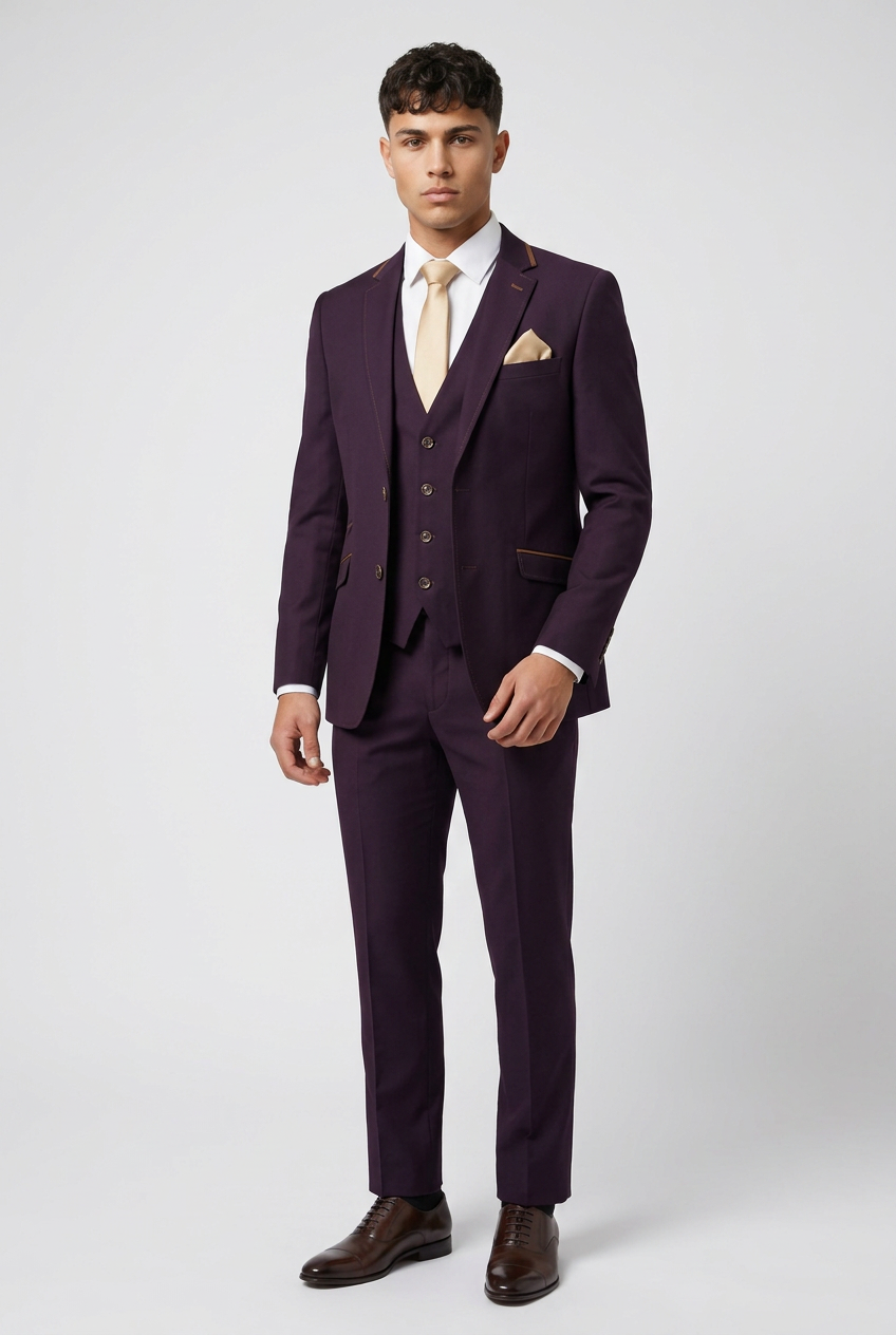 Costume trois pièces prune coupe slim pour homme – Veste, gilet et pantalon