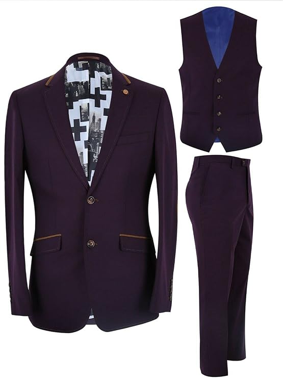 Costume trois pièces prune coupe slim pour homme – Veste, gilet et pantalon