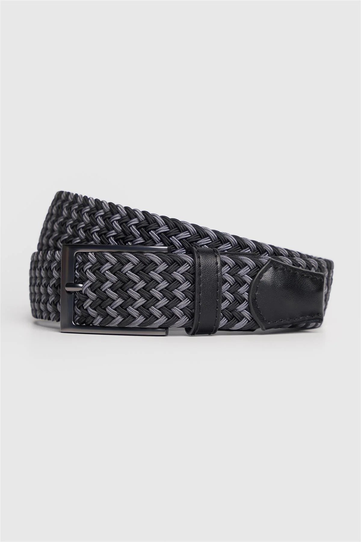 Men's Textured Genuine Leather Woven Braided Belt - Cavani Black & Grey