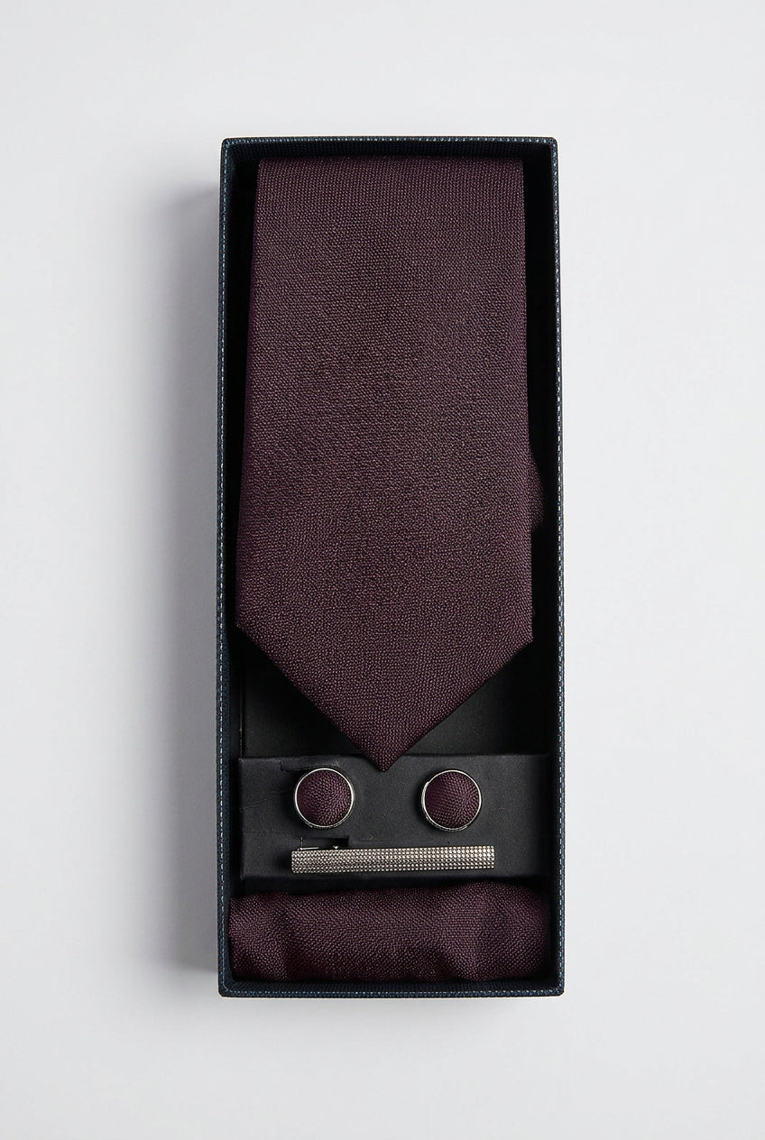 Men’s Textured Slim Tie 3-Piece Set - Burgundy