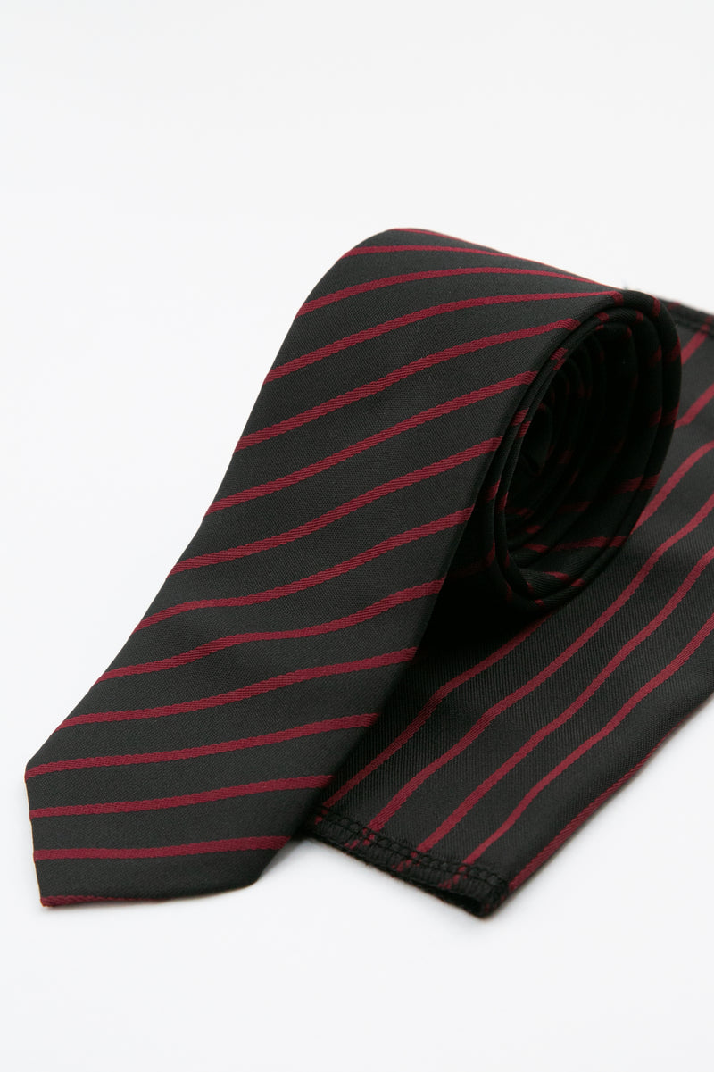 Men’s Textured Striped Slim Tie & Pocket Square Set in Burgundy Set Picture