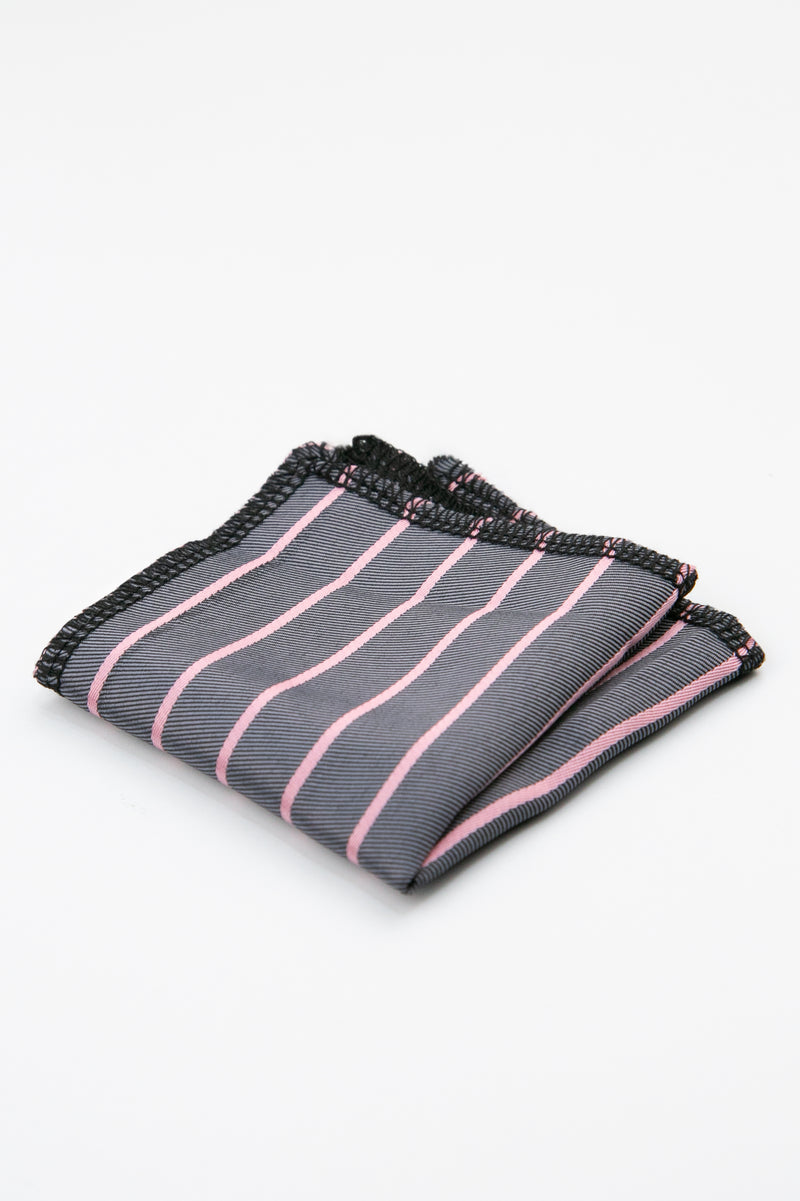 Men’s Textured Striped Slim Tie & Pocket Square Set in Grey&Pink Henkie Picture