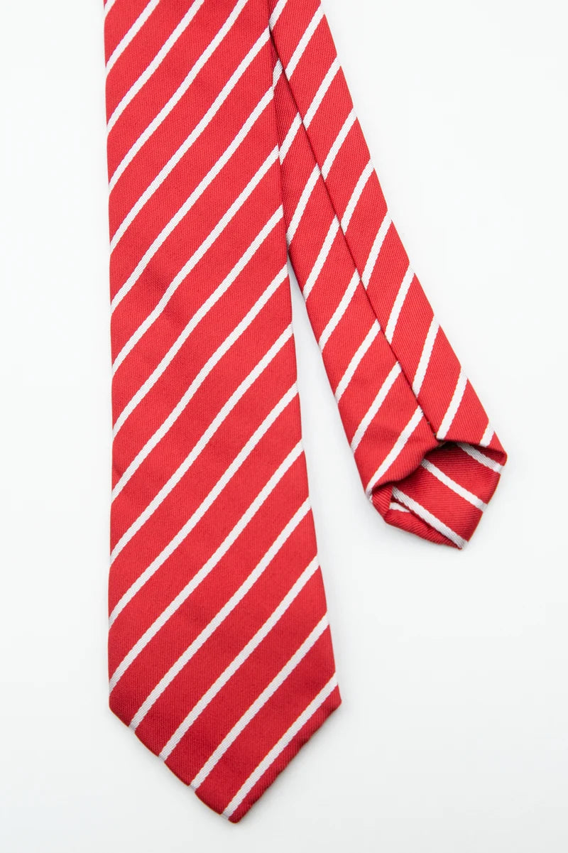 Men’s Textured Striped Slim Tie & Pocket Square Set in Red Tie Front Picture